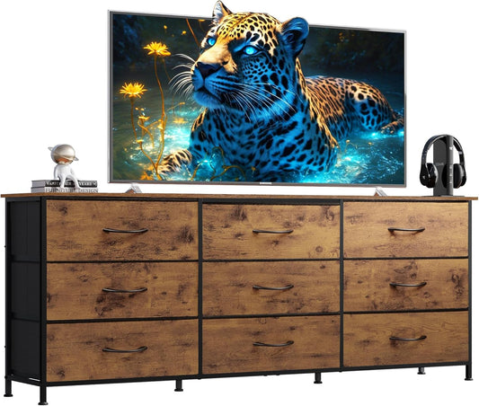 WLIVE 63''W Dresser for Bedroom, Dresser TV Stand for 65, 70, 75 inch TV, Wide Chest of Drawers with 9 Drawer, Large Entertainment Center, Fabric Dressers with Wood Top for Living Room, Rustic Brown