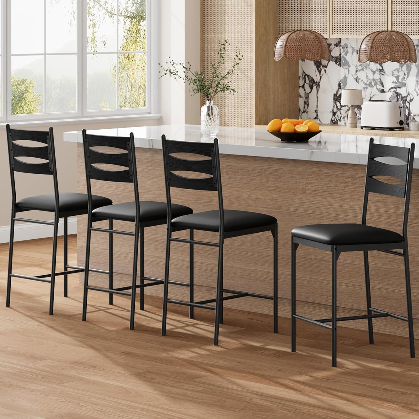 GarveeHome Bar Stools Set of 4, Wooden Barstools, Faux Leather Upholstered Bar Chair with Back & Footrest & Thick Cushion, Counter Height Bar Stools for Kitchen Island Apartment, Black