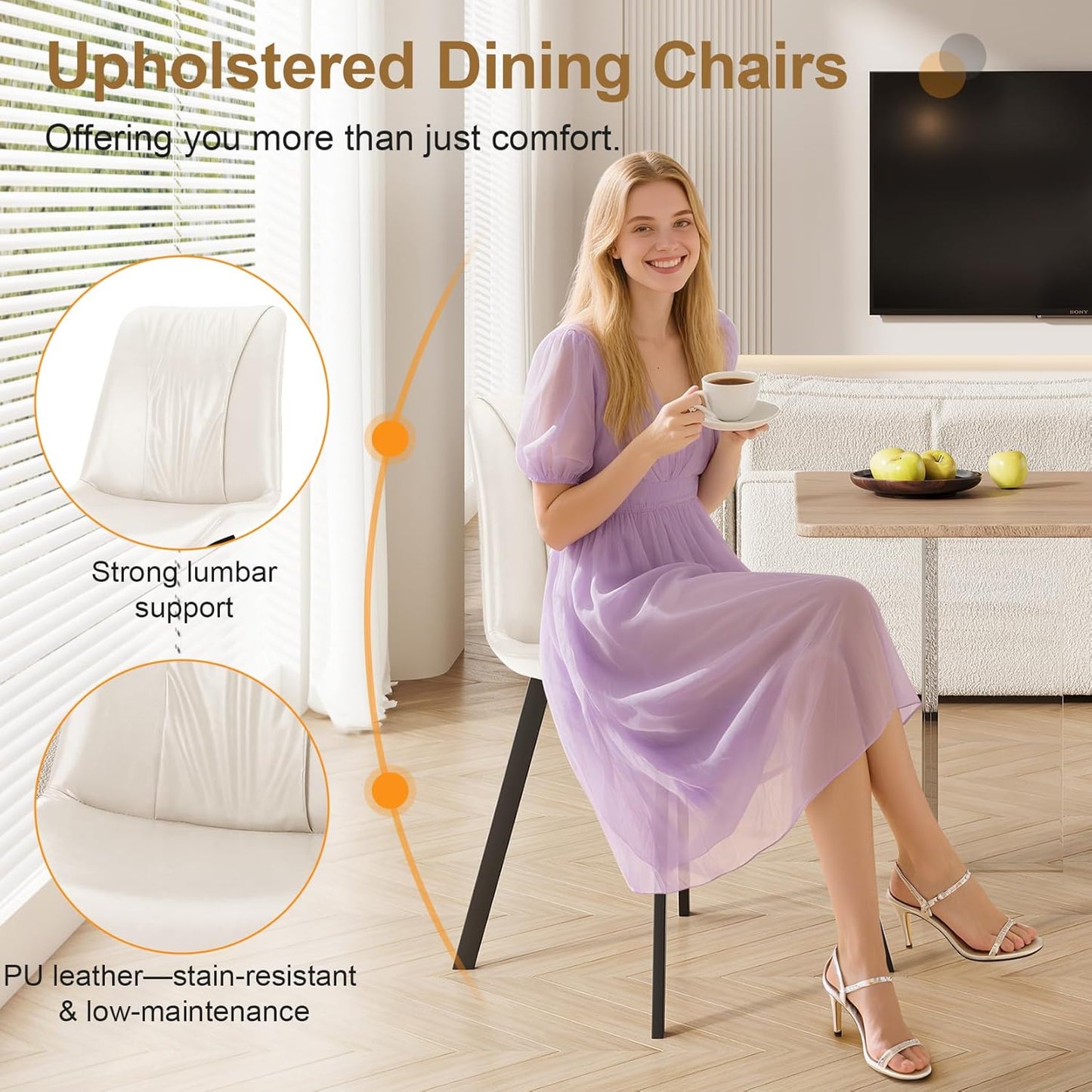 Upholstered Dining Chairs Set of 2, Modern Kitchen & Dining Room Chairs, Faux Leather, Sturdy Metal Legs, for Living Room, Cafe & Restaurant- White