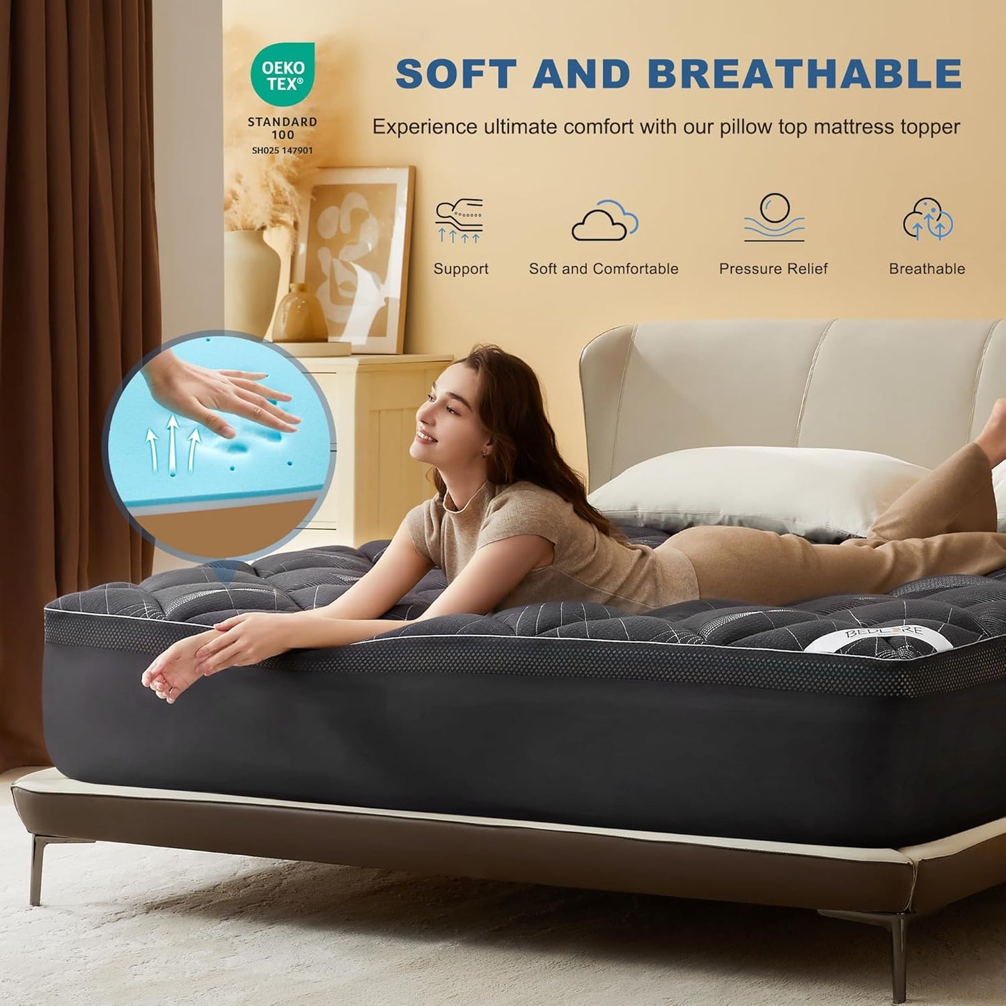 Bedlore 4-Inch Twin Mattress Topper for Back Pain - Dual Layer Medium Support (2" Gel Memory Foam + 2" Cooling Fluffy Pillow Top Pad), Breathable & Pressure Relief (Gray)