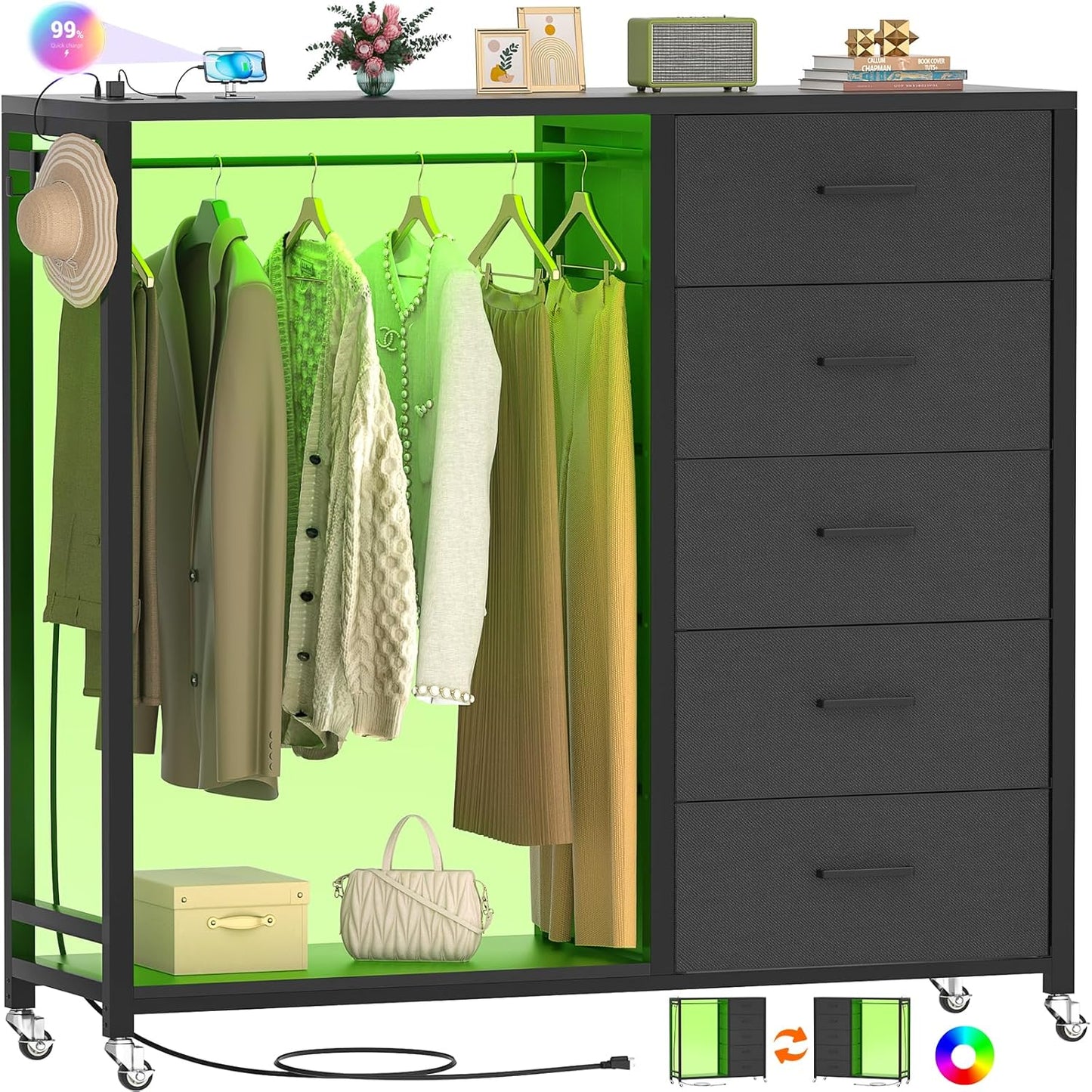 Cyclysio Dresser for Bedroom with Clothes Rack, 5 Fabric Drawers Dresser with Charging Station & LED Lights, Black Storage Chest of Drawers with Wheels, Wooden Top, Lockable Wheels, Closet, Black
