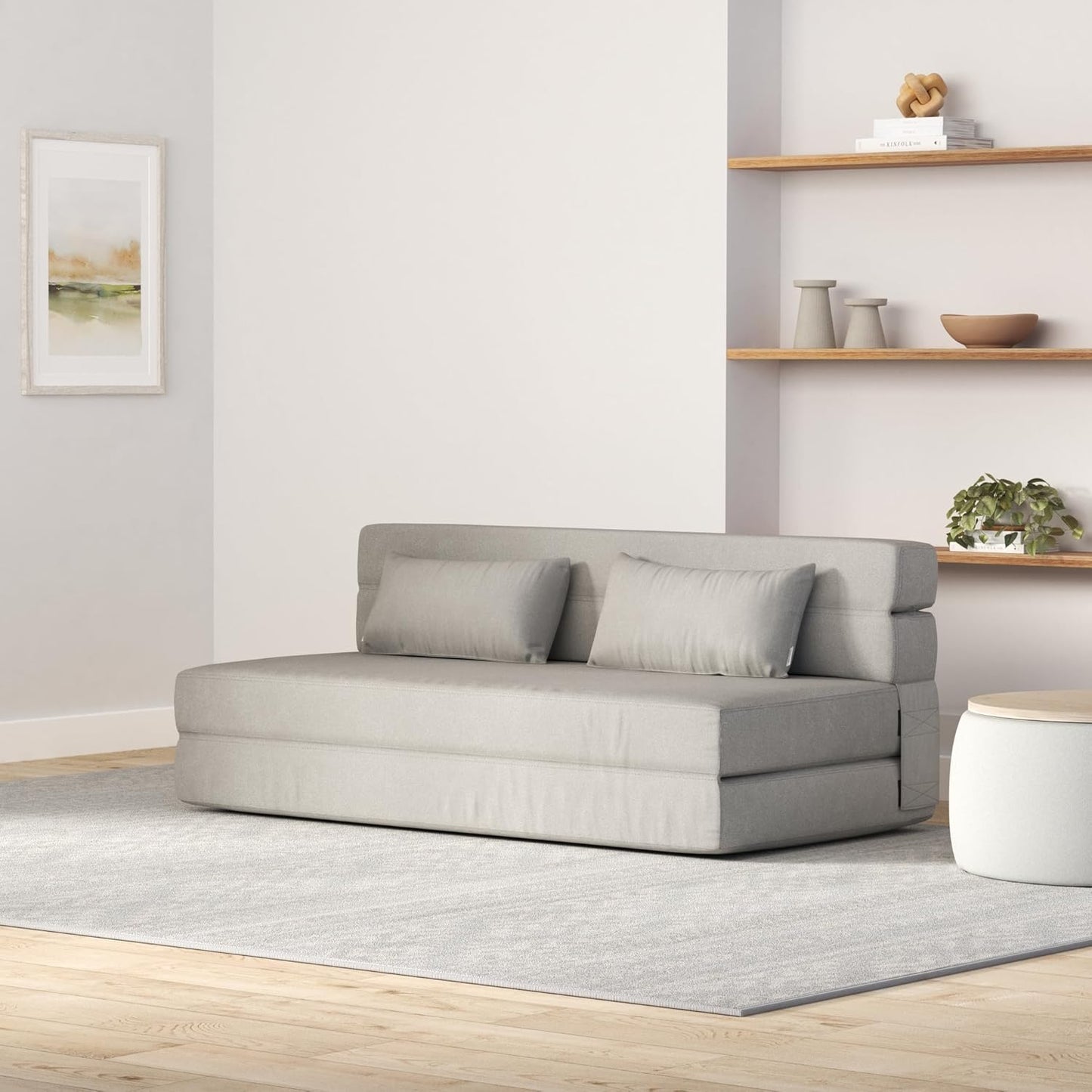 Folding Sofa Bed with Pillows- Convertible Chair Floor Couch & Sleeping Mattress, Foldable Memory Foam Sleeper for Living Room/Dorm/Guest Room/Home Office/Apartment/Loft, Queen, Light Gray