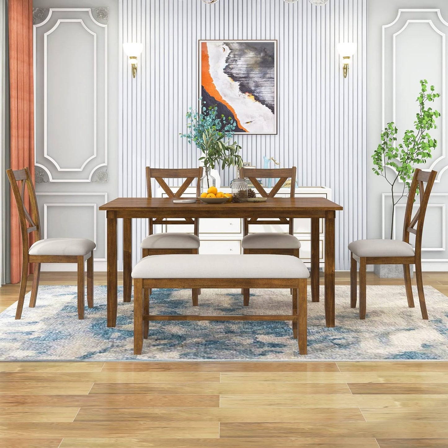 Ball & Cast 6 Piece Dining Table Set with 4 "X-Shaped Curved Backres Fabric Chairs & 1 Bench,Living Room Furniture W/ 60" Rectangle Kitchen Desk,for Restaurant,Home Bistro,Natural Cherry