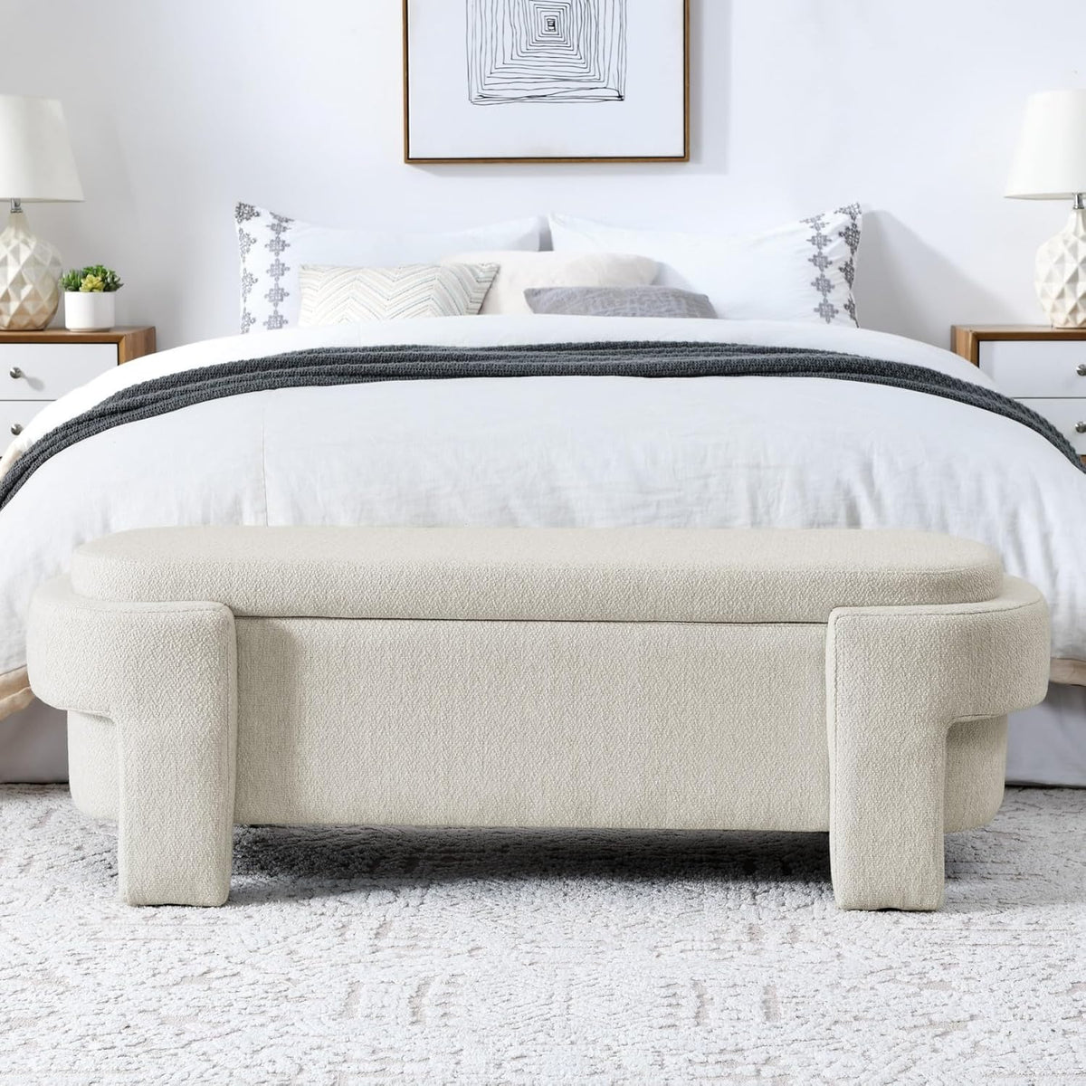 KEIKI 51" Linen Ottoman Bench with Large Storage Space, Upholstered Seating Foot Rest Stool Furniture for Bedroom, Living Room, Entryway, Beige