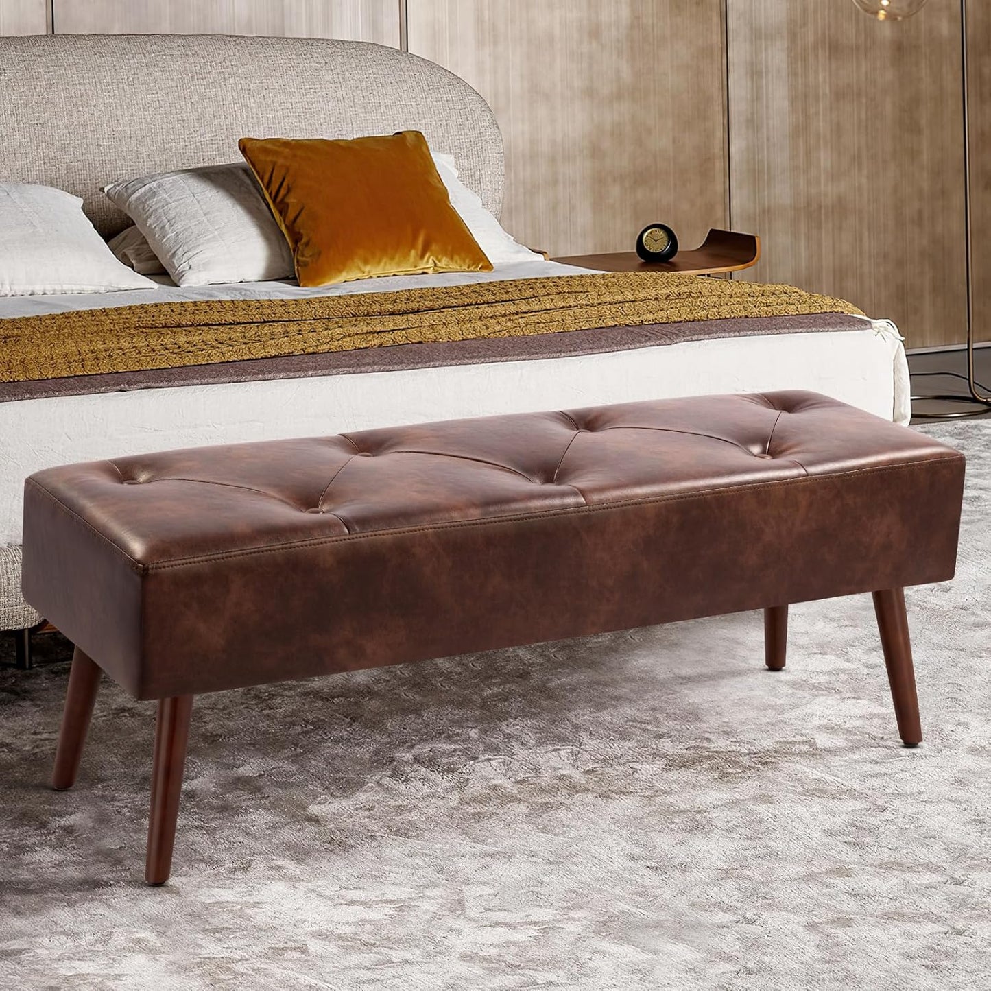 Furniliving 44 Inch Tufted Bench, Leather Footrest Bedroom Bench Seat, Upholstered Leather Indoor Bench Beathable Fabrics Ottoman Bench with X-Shaped Wood Legs for Kitchen, Solid Wood Indoor Bench