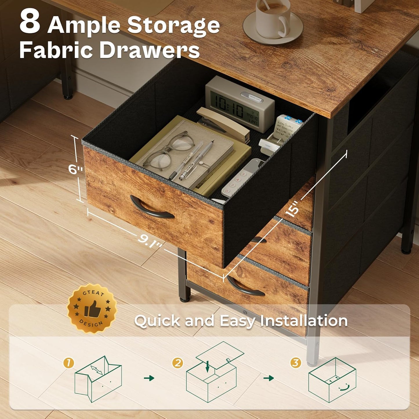 Huuger 47 Inch Computer Desk with 8 Fabric Drawers, Office Desk Work Desk for Home Office, Study, Gaming Desk with Drawers, Large Storage, Rustic Brown