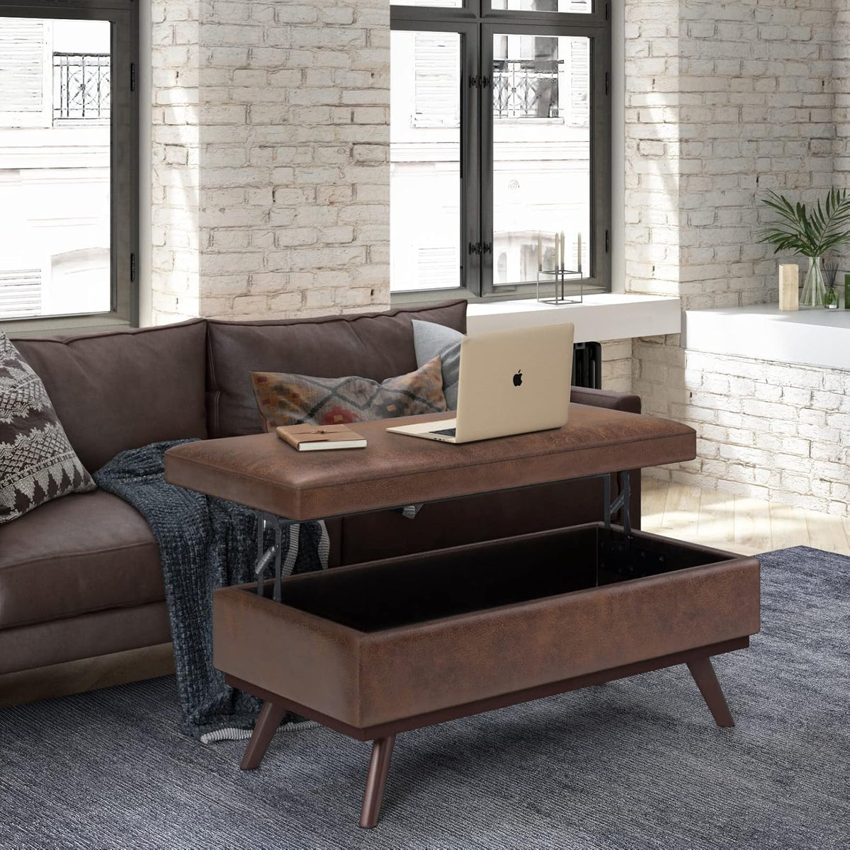 SIMPLIHOME Owen 42 inch Wide Mid Century Modern Rectangle Lift Top Large Coffee Table Storage Ottoman in Distressed Chestnut Brown Vegan Faux Leather, Assembled, For the Living Room