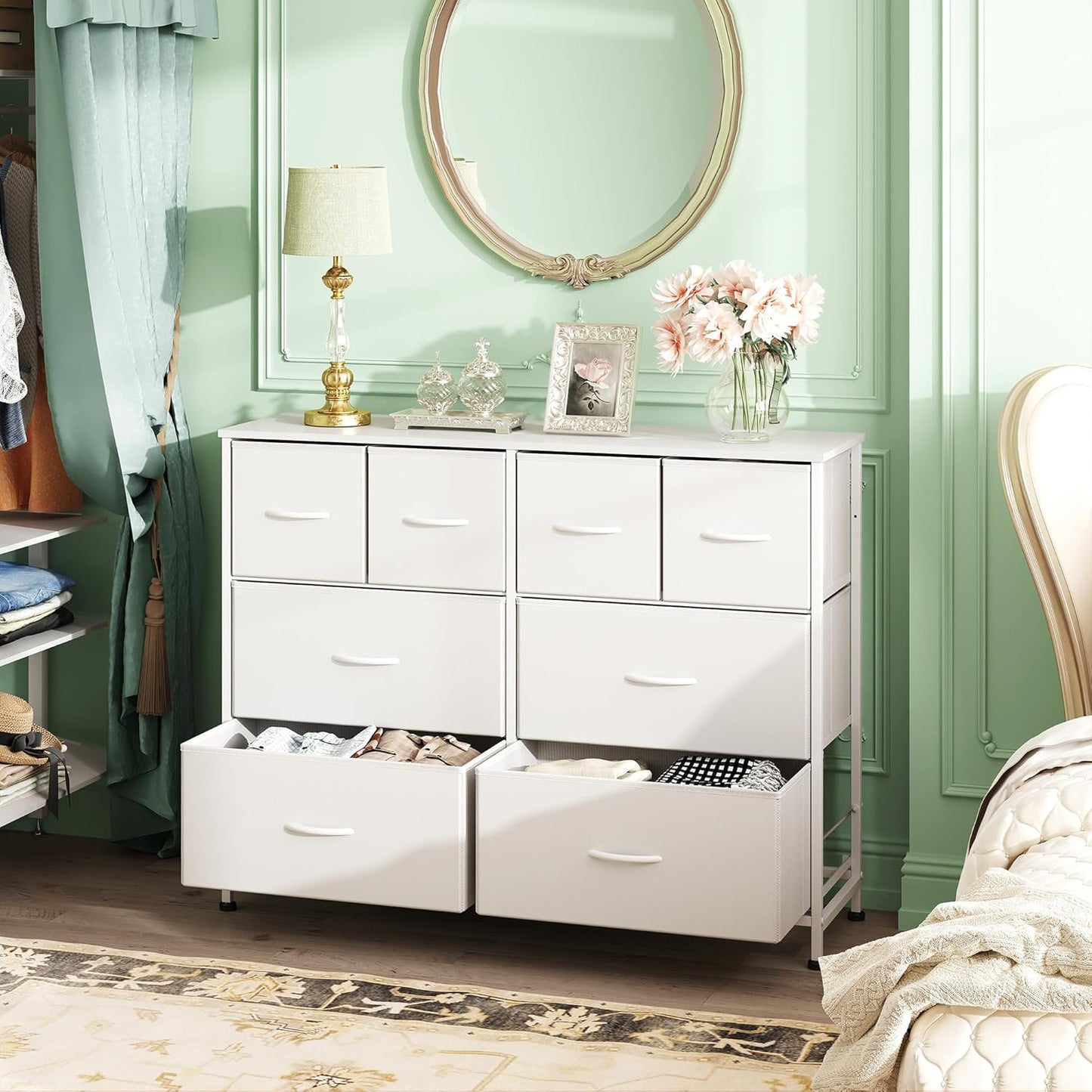 WLIVE Dresser for Bedroom with 8 Drawers, Wide Fabric Dresser for Storage and Organization, Bedroom Dressers, Chest of Drawers for Living Room, Closet, Hallway, White