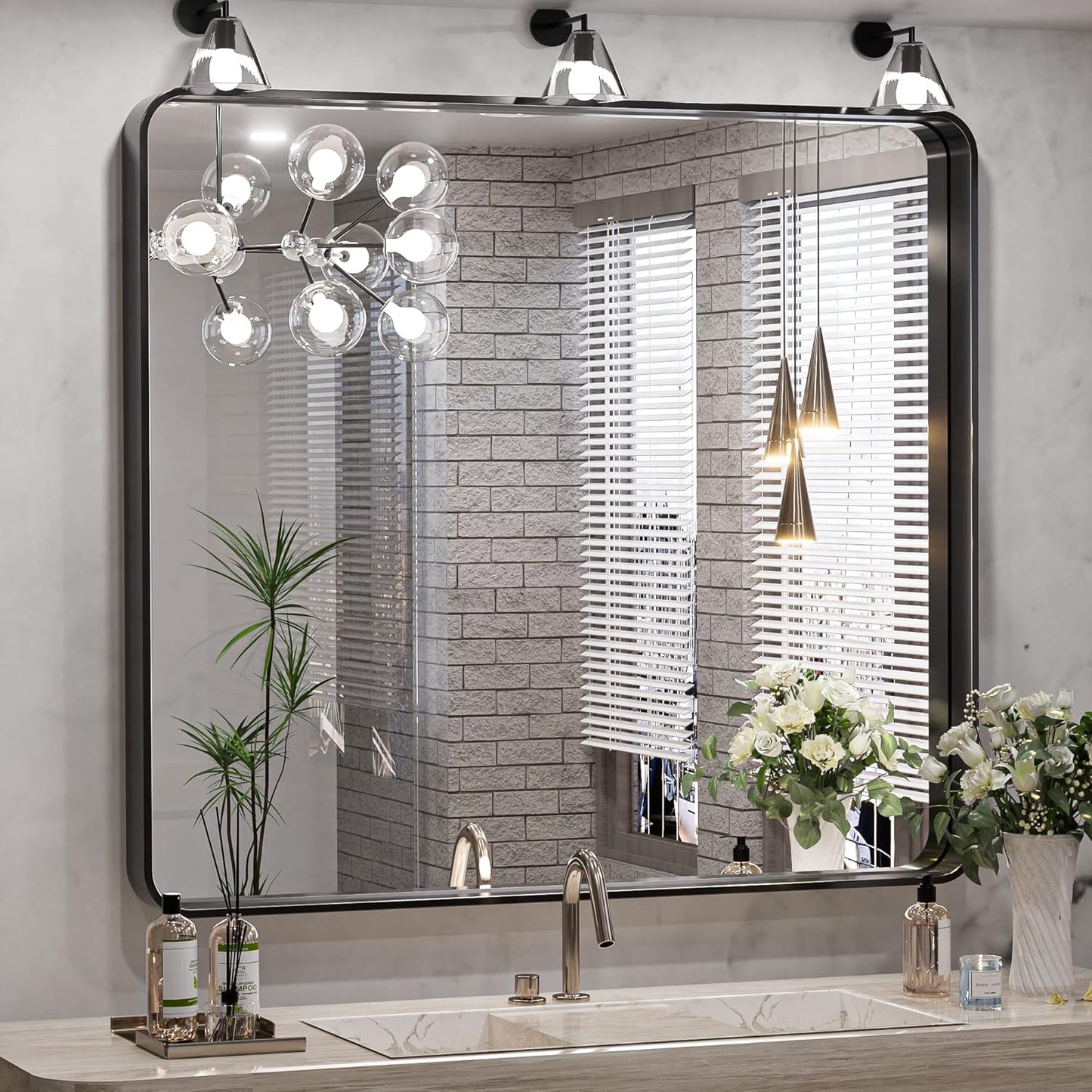 TokeShimi 36 x 36 Inch Wall Mirror Black Bathroom Vanity Mirror with Metal Frame Aluminum Alloy Soft Rounded Corner for Modern Farmhouse Wall Decor 1”Deep Set Design (Horizontal/Vertical)