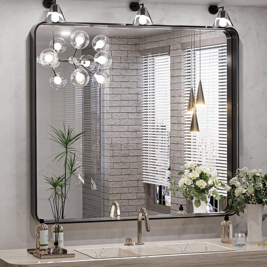 TokeShimi 36 x 36 Inch Wall Mirror Black Bathroom Vanity Mirror with Metal Frame Aluminum Alloy Soft Rounded Corner for Modern Farmhouse Wall Decor 1”Deep Set Design (Horizontal/Vertical)