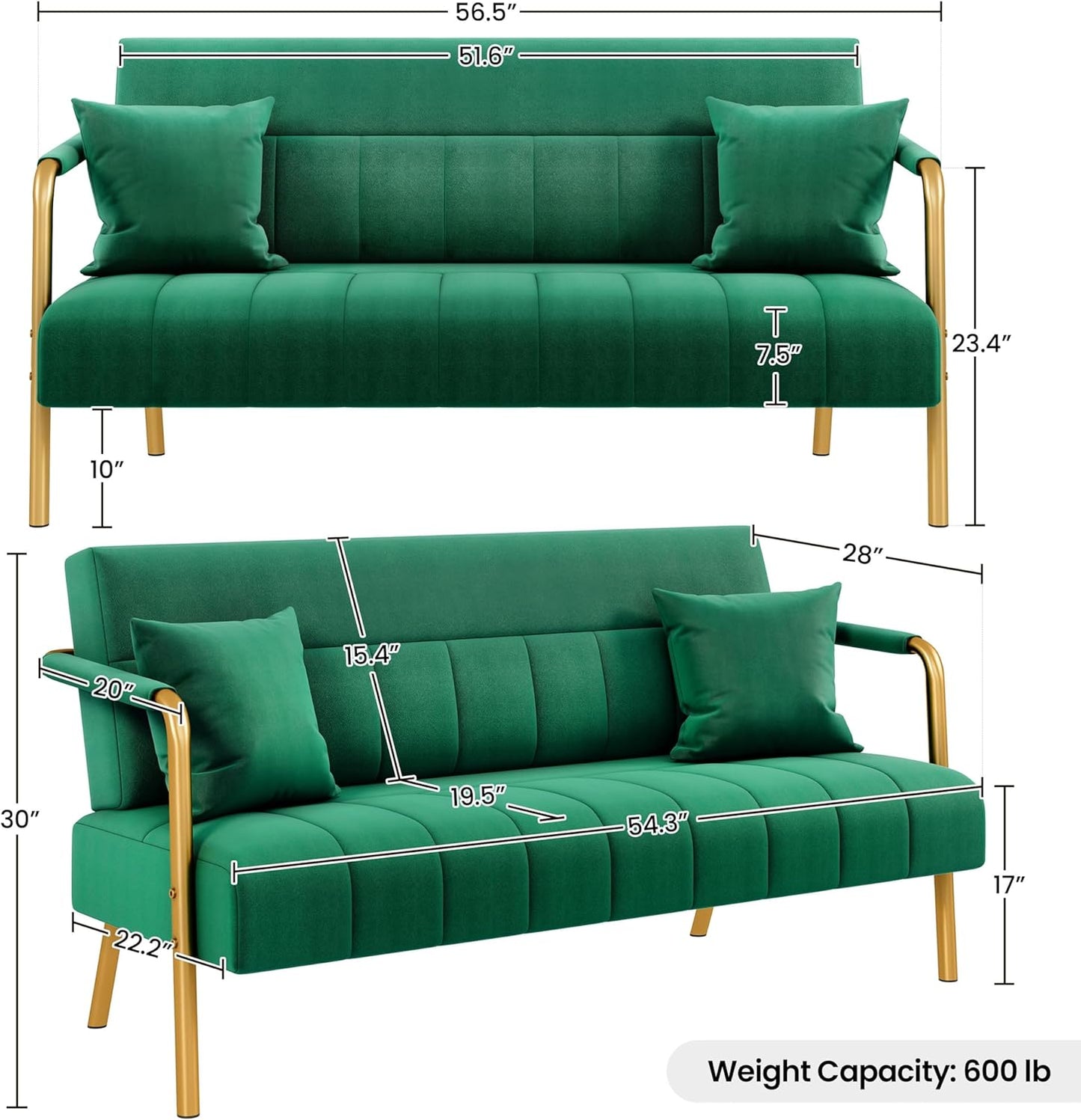 Yaheetech 56.5" W Modern Sofa Small Sofa Luxurious Velvet Fabric Couch with Gold-Tone Metal Arms and Legs for Living Room, Home Office, Studio Green
