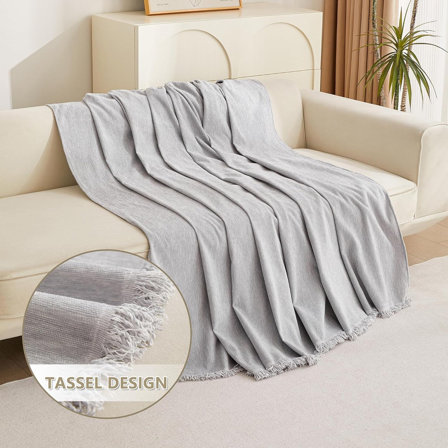 MYSKY HOME Sofa Cover for Dogs, Washable Boho Couch Cover Blanket, Thick Durable Tassel Water Resistant Furniture Protector, 71"x 118", Light Grey