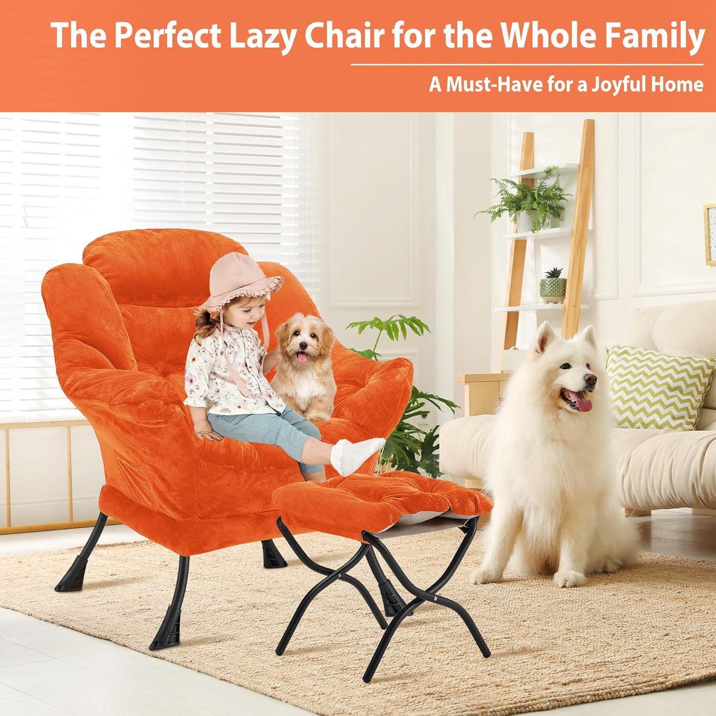 Lazy Chair with Folding Ottoman, Accent Chair Plush Upholstered with Metal Structure and Non-Slip Pads, Sofa Armchair with Footrest and Side Storage Bag for Dorm, Room, Office, Orange