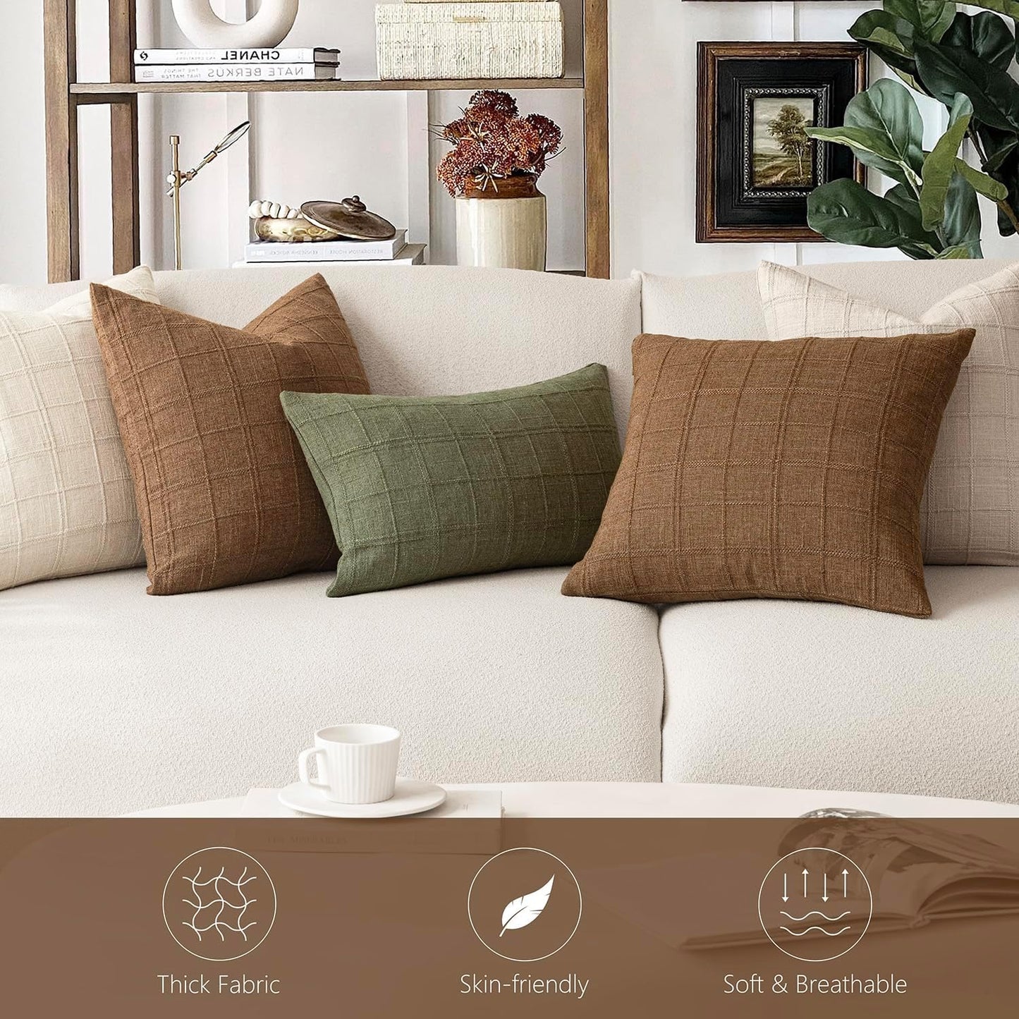 Foindtower Set of 2 Decorative Linen Check Throw Pillow Covers Neutral Farmhouse Vintage Cushion Covers Modern Boho Home Decor for Sofa Chair Couch Bedroom Living Room Outdoor,26×26 Inch,Brown Hazel