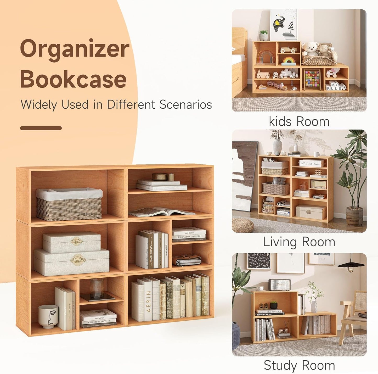 Sebastack 3 Cube Organizer Bookcase, Expandable Storage Shelves, Wooden Open Shelving Unit Book Shelf for Living Room, Office, Bedroom, Beech Color Wood Furniture (1 Set)