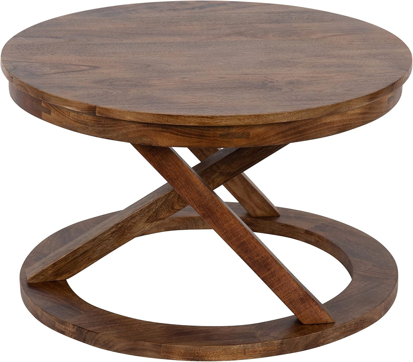 Kate and Laurel Aja Bohemian Round Wood Coffee Table; 26 inch Diameter; Walnut Brown; Decorative Boho Modern Coffee Table for Hosting; Storage; and Display