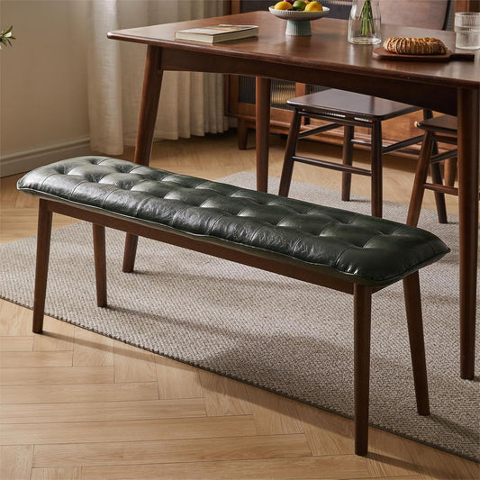 Entryway Bench, Solid Wood Dining Bench, Midcentury End of Bed Bench with PU Leather Padded Seat, Bedroom Bench, 47.24" L x 12.6" W x 17.72" H (Green)