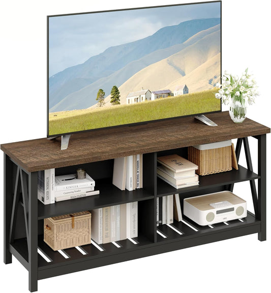 ChooChoo Farmhouse TV Stand for TVs up to 55 Inch, Modern Entertainment Center with 4 Open Shelves & Built-in Cable Holes, Media TV Console for Living Room, Bedroom, Black