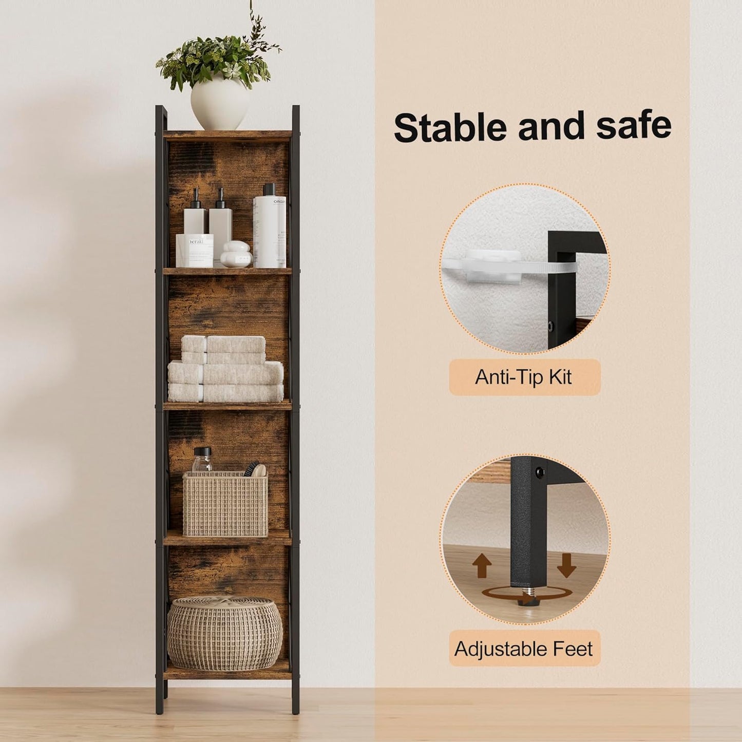 Homhedy 5 Tier Bookshelf Bookcase, Tall Narrow Bookshelf for Small Space, Metal Storage Shelves with Back Panel, for Home Office, Living Room, Kitchen, Bedroom, Industrial Style, Rustic Brown