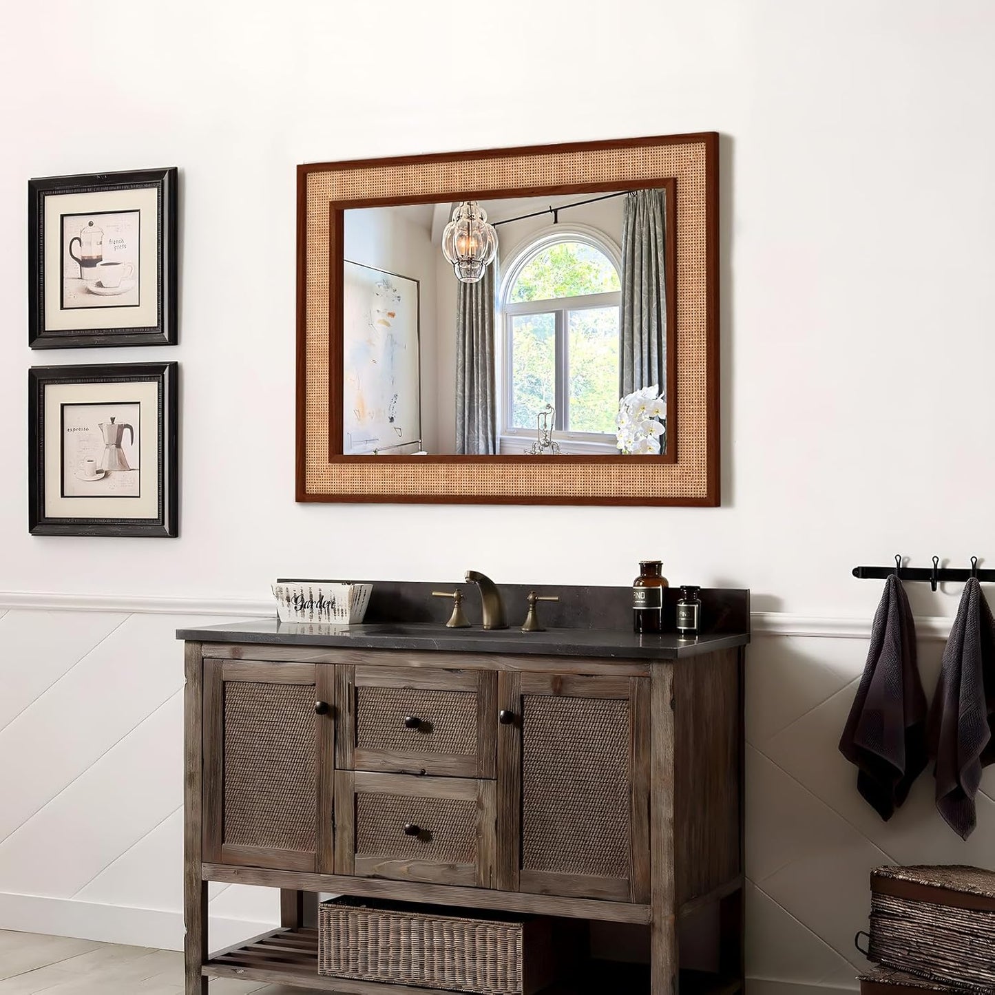 Rattan Wall Mirror with Wooden Framed 24 X 32 inch Farmhouse Rectangle Wood Mirror for Modern Decorative Bathroom, Living Room, Entryway, Bedroom (Walnut)