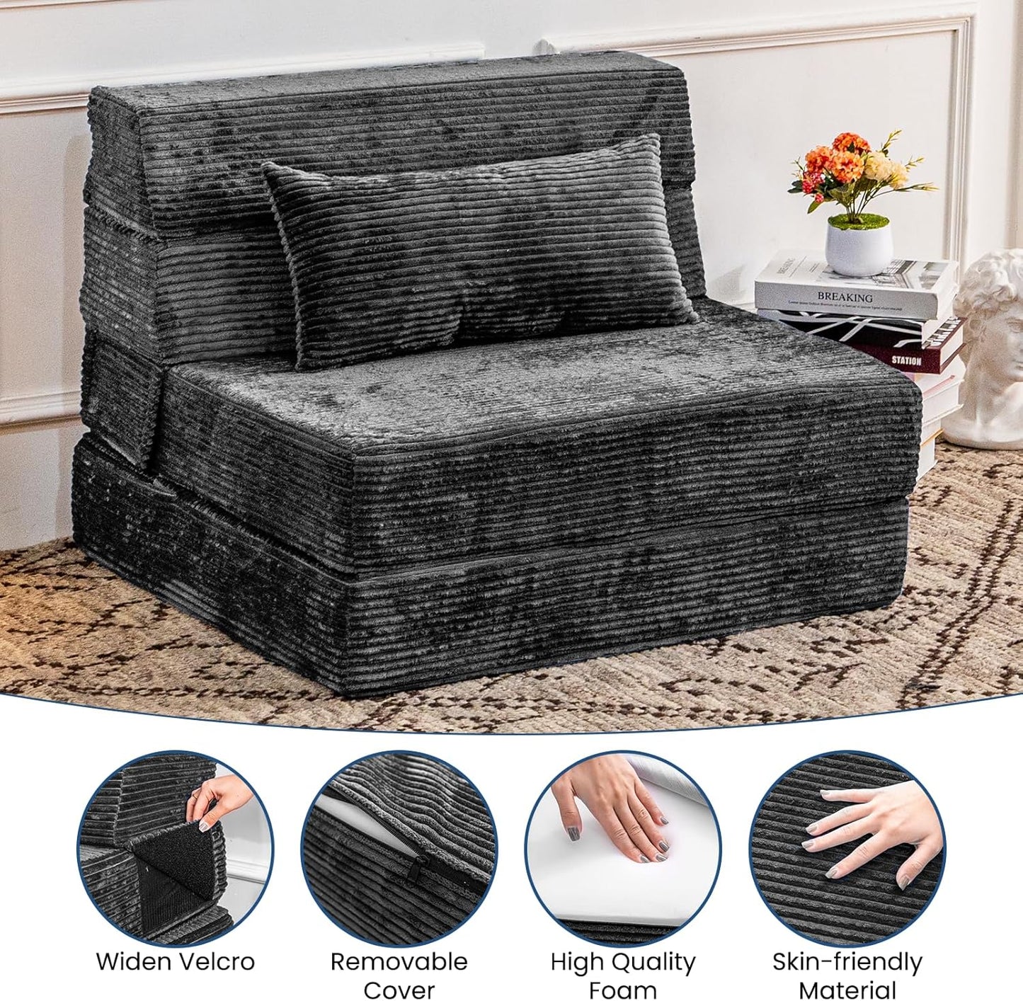 Folding Sofa Bed, Convertible Sleeper Chair with Pillow, High Density Memory Foam Fold Out Couch, Foldable Mattress Futon Sofa for Living Room/Dorm/Guest Use/Apartment/Home Office