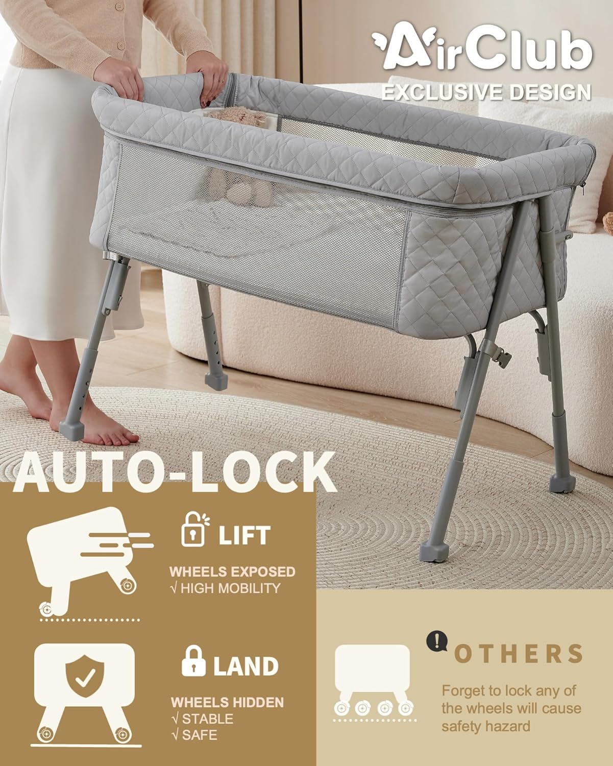 AirClub Bassinet Bedside Sleeper, Baby Crib for Newborn, Baby Bassinets Bedside Sleeper with 4 Auto-Lock & Adjustable Height, Breathable Mesh & Mattress, Bedside Bassinet