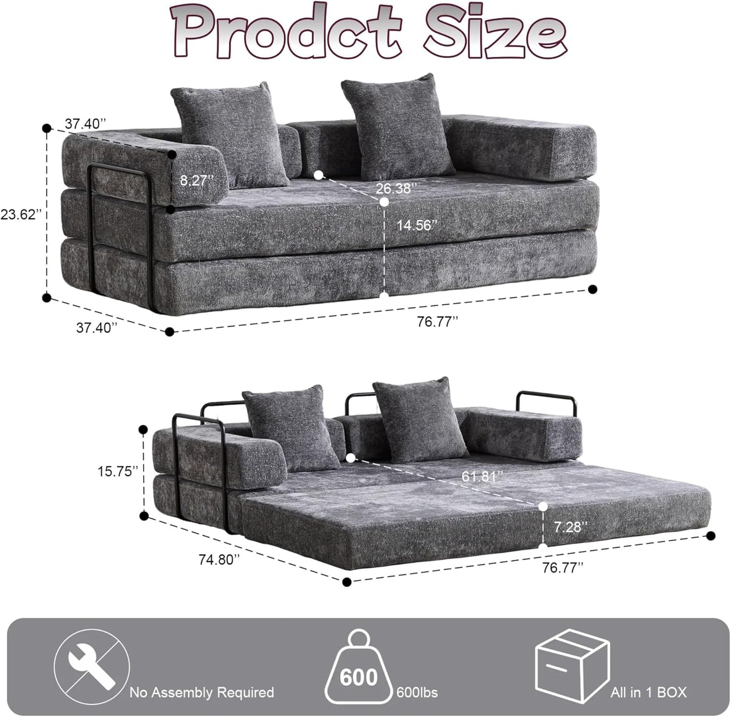 Convertible Sofa Bed, Compression Futon Sofa with Pillows & Armrest, Foldable Mattress Couch with Fixed-Shape Frame, Comfy Couch Lounge Sleeper Bed for Living Room Bedroom, Dark Gray