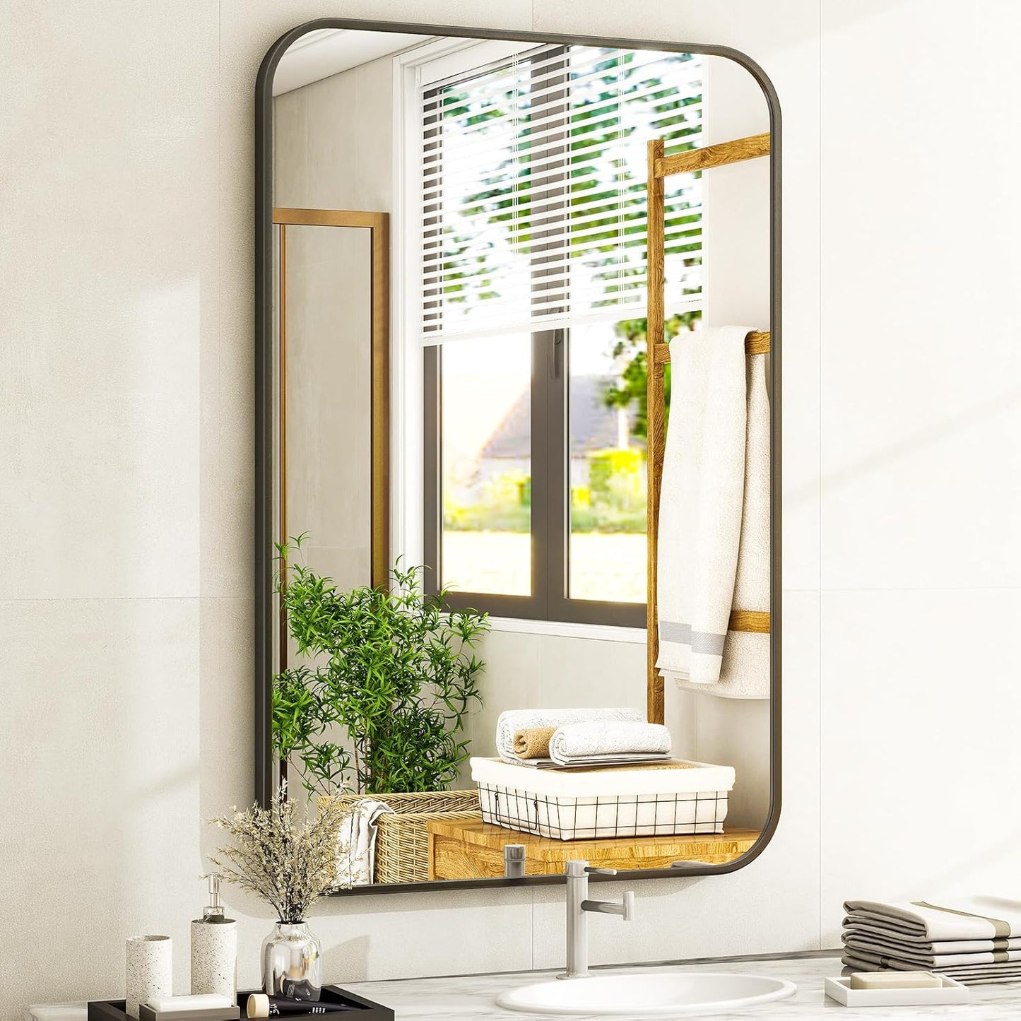 26 x 38 Inch Bathroom Mirror, Rounded Rectangular Vanity Mirror for Wall, Modern Mirror for Room Decor, Black Framed Wall-Mounted Mirrors for Home Decor, Hangs Horizontally or Vertically