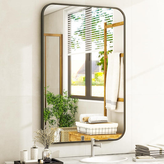 20 x 28 Inch Bathroom Mirror, Rounded Rectangular Vanity Mirror for Wall, Modern Mirror for Room Decor, Black Framed Wall-Mounted Mirrors for Home Decor, Hangs Horizontally or Vertically