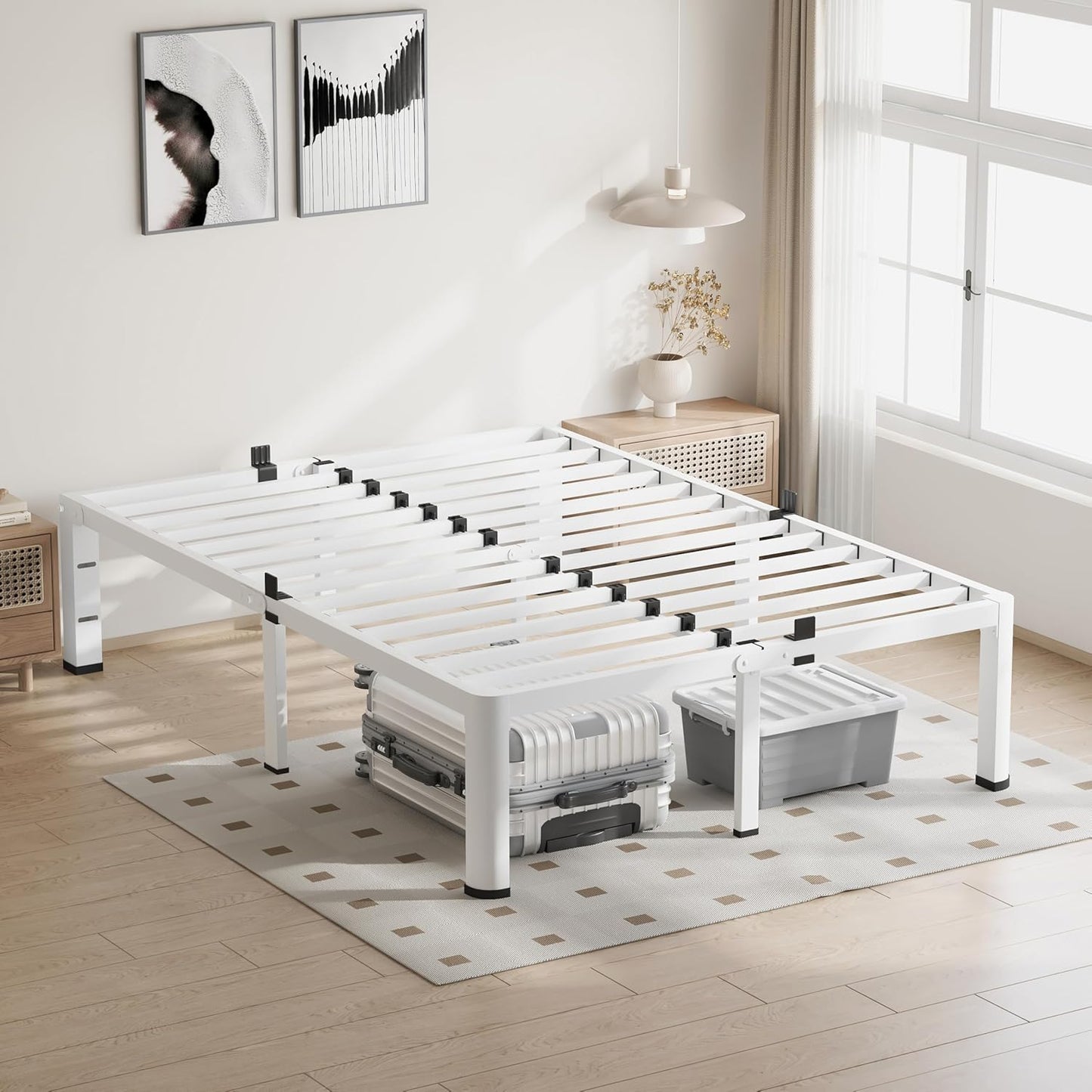 18 Inch Queen Size White Bed Frame, 3500Lbs Heavy Duty Metal Platform with Round Corner Legs Mattress Slide Stopper, Steel Slat Support No Box Spring Needed, Noise Free, Easy Assembly