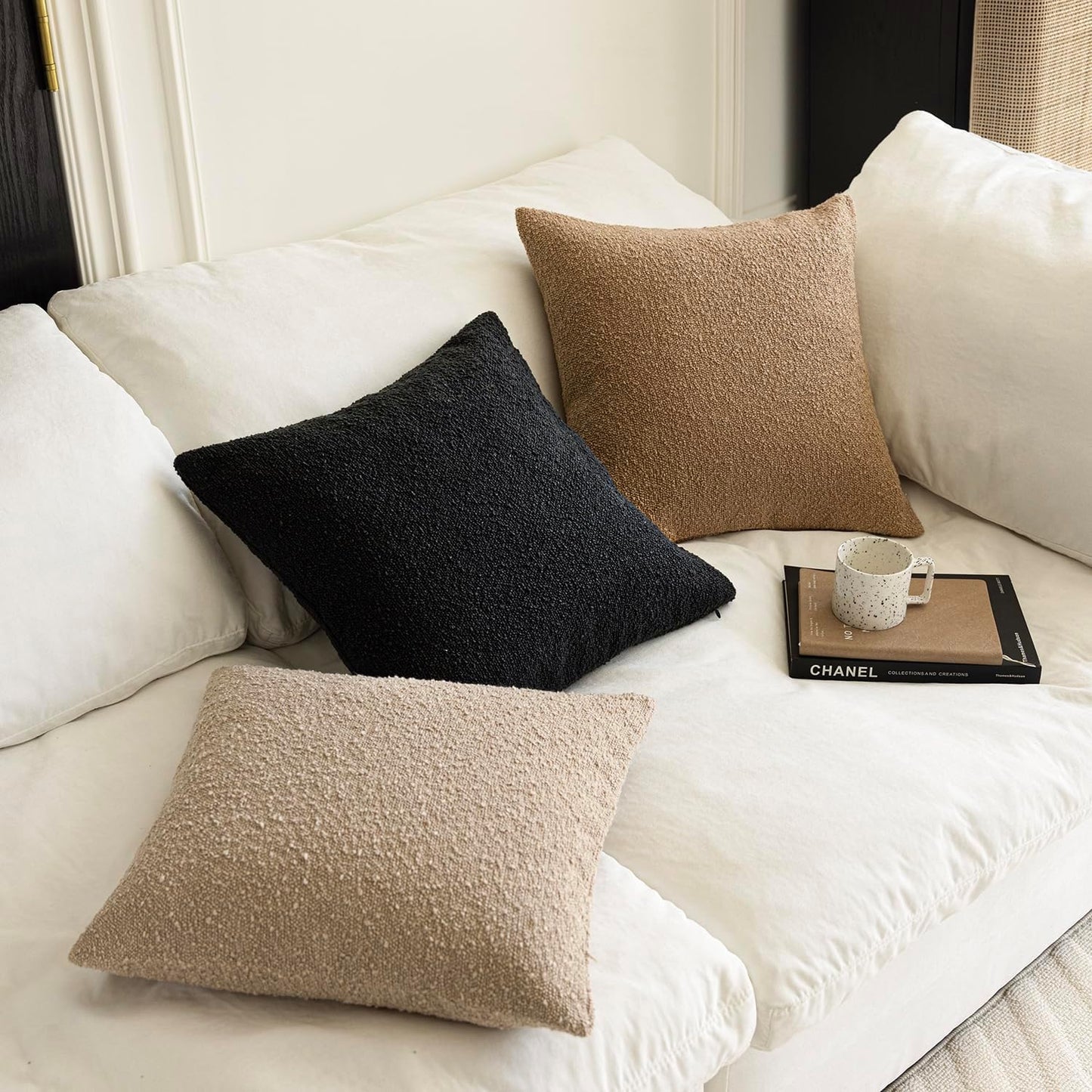 Foindtower Pack of 2, Decorative Textured Boucle Throw Pillow Covers Accent Solid Pillow Cases Neutral Soft Cozy Couch Cushion Case for Chair Sofa Bedroom Living Room Home Decor 26 x 26 Inch Black