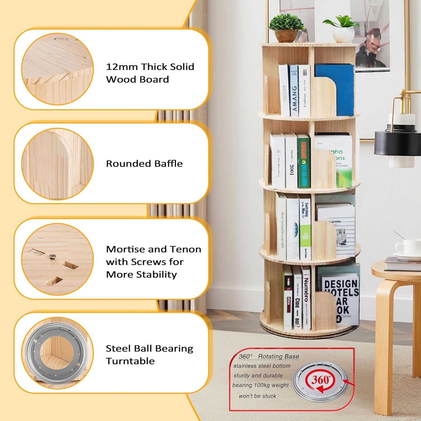Rotating Bookshelf Kids, 360 Display 4 Tier Spinning Bookshelf Tower Stackable Solid Wood Book Shelf Rotating, Revolving Bookcase Floor Standing Bookcase Storage Display Rack for Kids&Adults, Pine