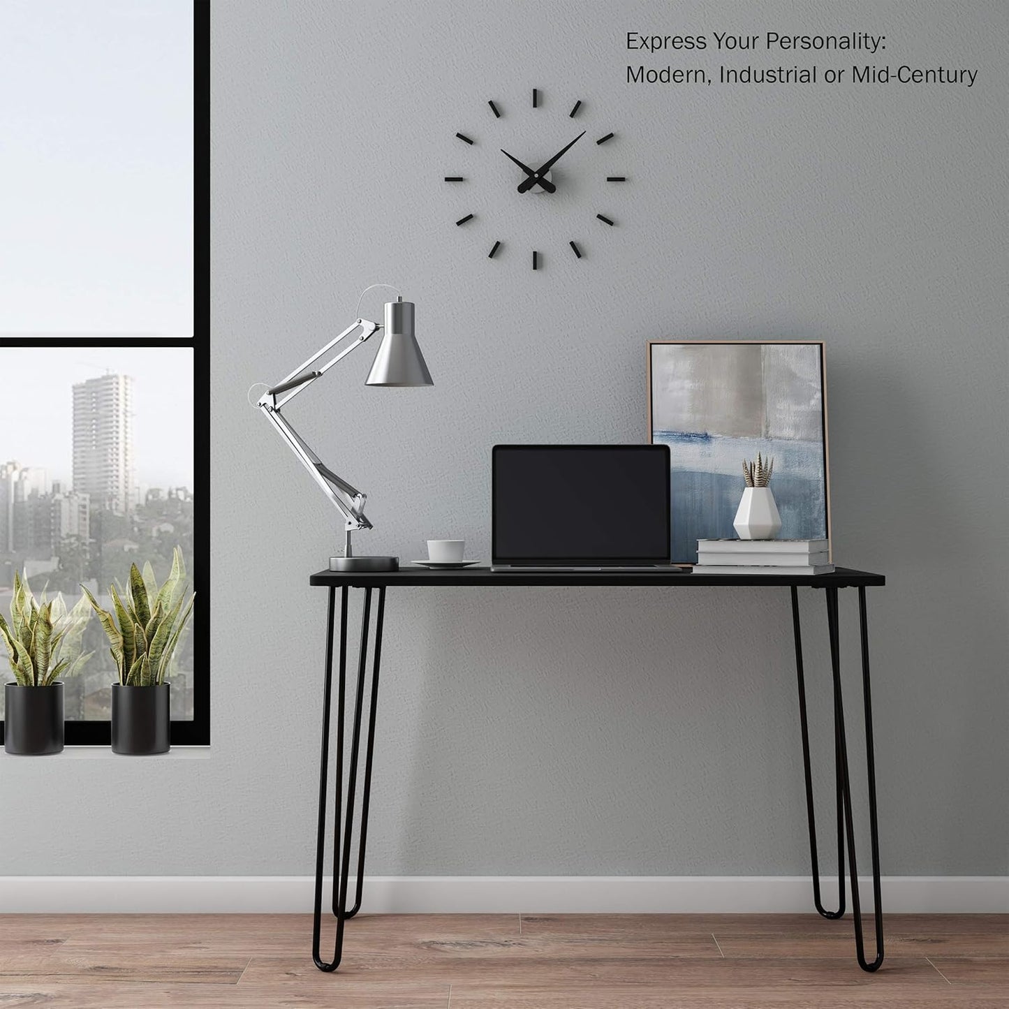 Lavish Home Desk with Hairpin Legs - Modern Industrial Style Home Decor - Woodgrain-Look and Steel Accent Home Office Furniture (Black)