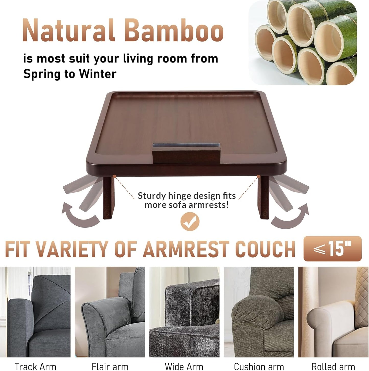 SINWANT Couch Armrest Table, Large Bamboo Couch Arm Table 360° Phone Holder,Foldable Sofa Arm Tray for Eating Drinking Snacks Remote on Chair Armrest