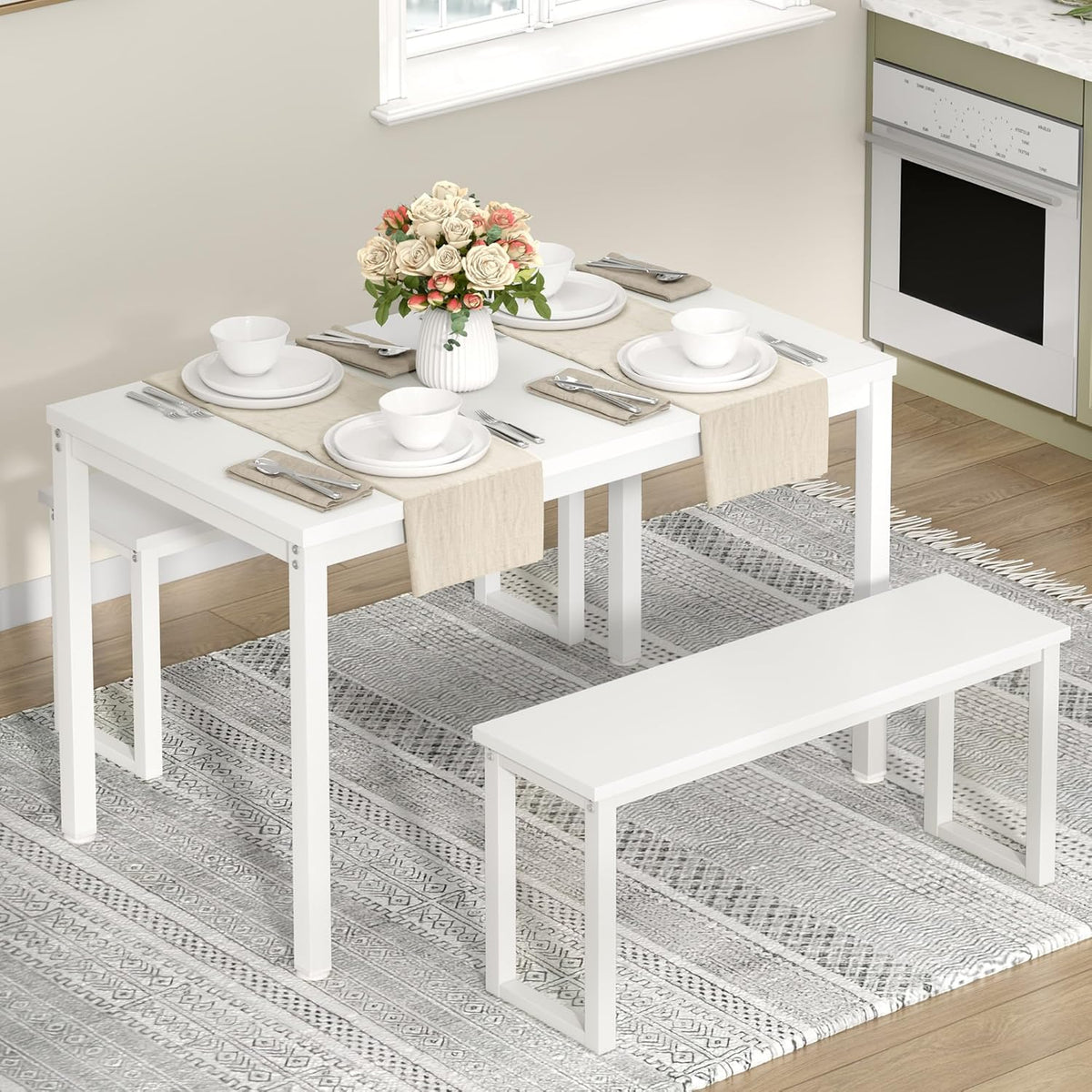 Soges Industrial Style White Dining Table Set for 4, 3 Piece Rectangular Wooden Table and Long Benches, Kitchen and Dining Room Set