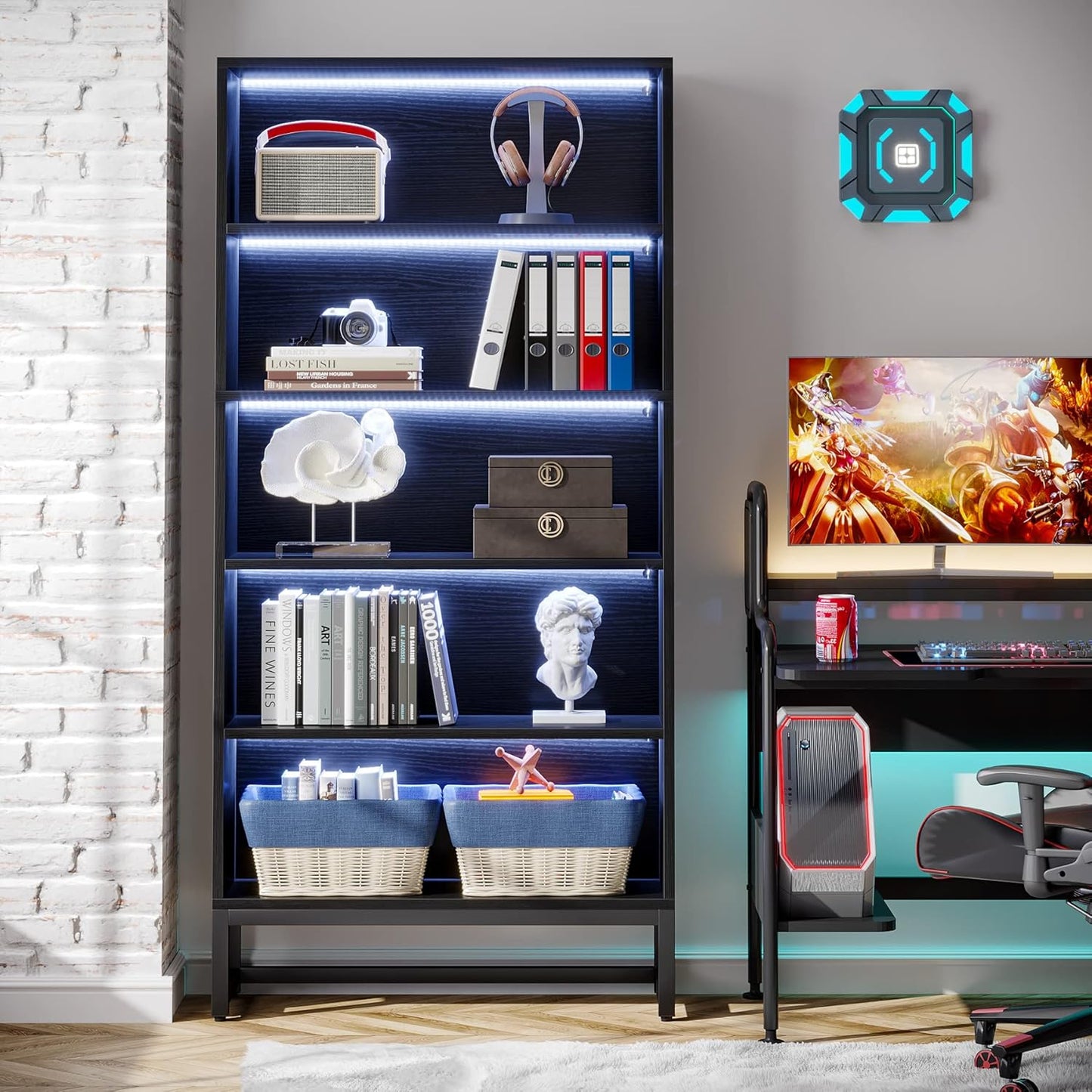 Tribesigns Tall Bookcase Black Bookshelf, 70.8” Large Bookcases Organizer with LED Lights, Heavy Duty Free-Standing Library Bookshelf with 5-Tier Storage Shelves for Living Room, Bedroom (Black)