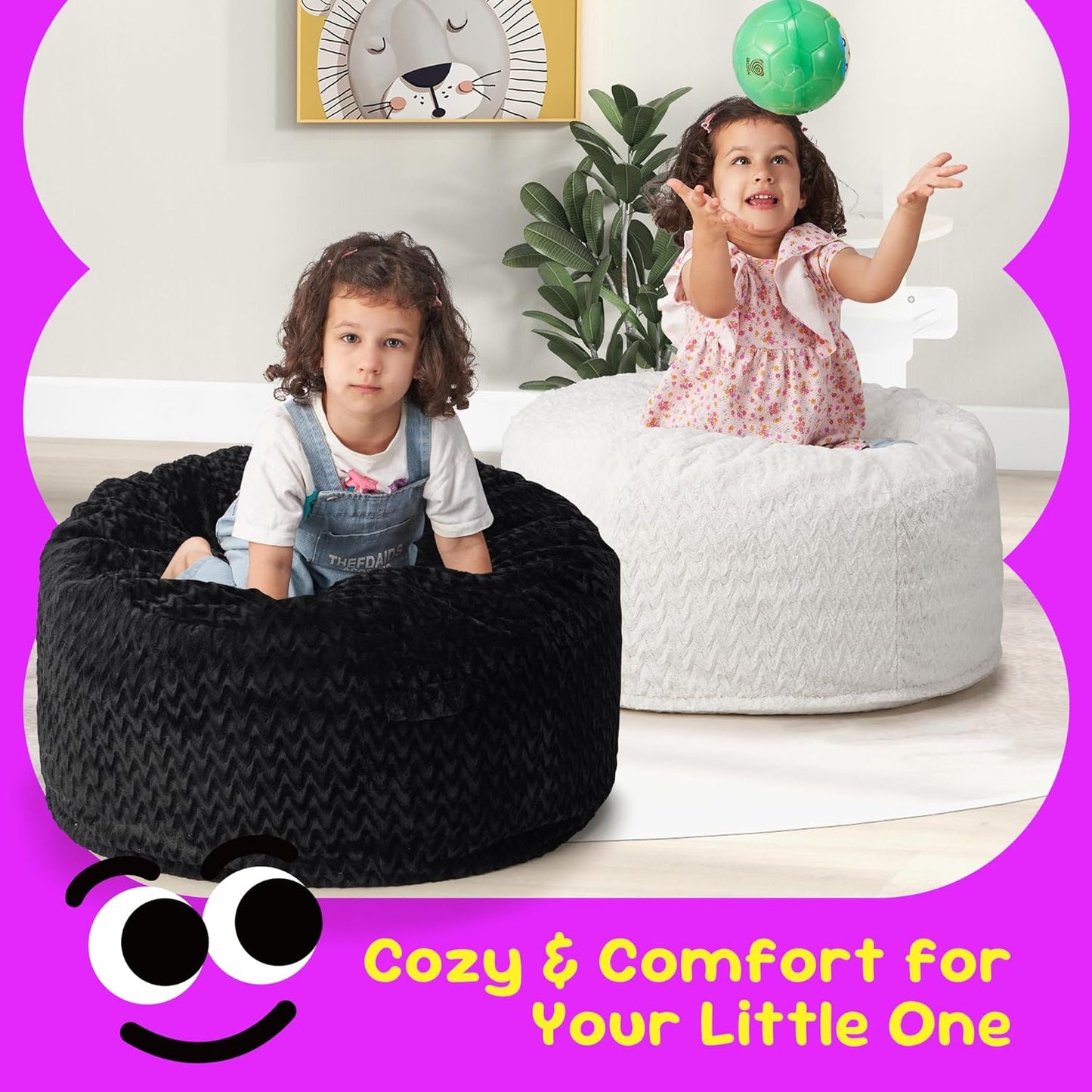 Hobestluk Bean Bag Chairs 2.5FT Bean Bag Chair with Memory Foam Filled & Chevron Plush Fur Cover Small Bean Bag Chairs for Playroom, Living Room, Bedroom (Black)