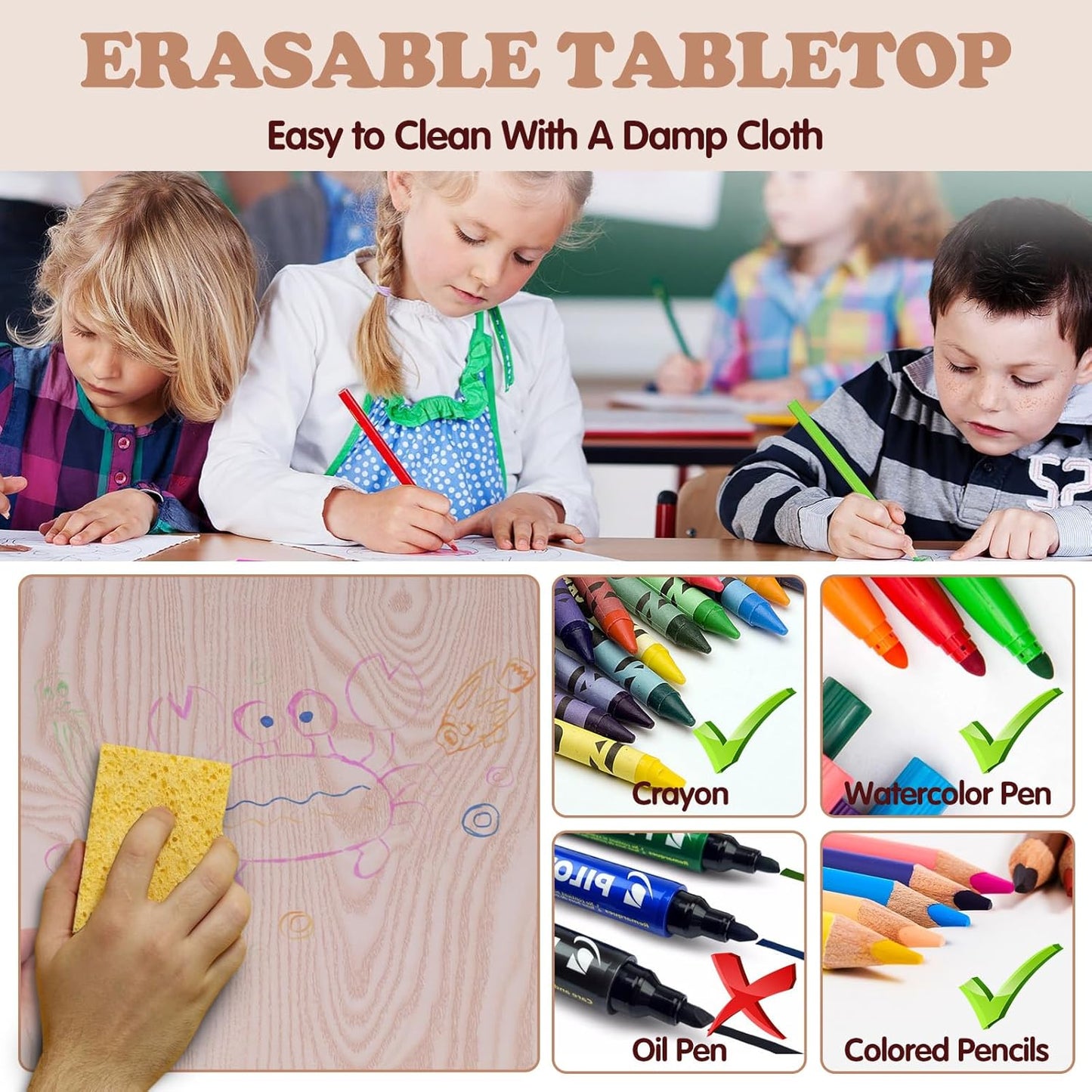 Kids Table and 2 Chairs Set, Height Adjustable Toddler Study Table and Chair Set, Kid Size for Ages 3-8 Children, Graffiti Desktop, Easy to Wipe/Arts & Crafts, Homes/Classrooms/Daycare (Grey)