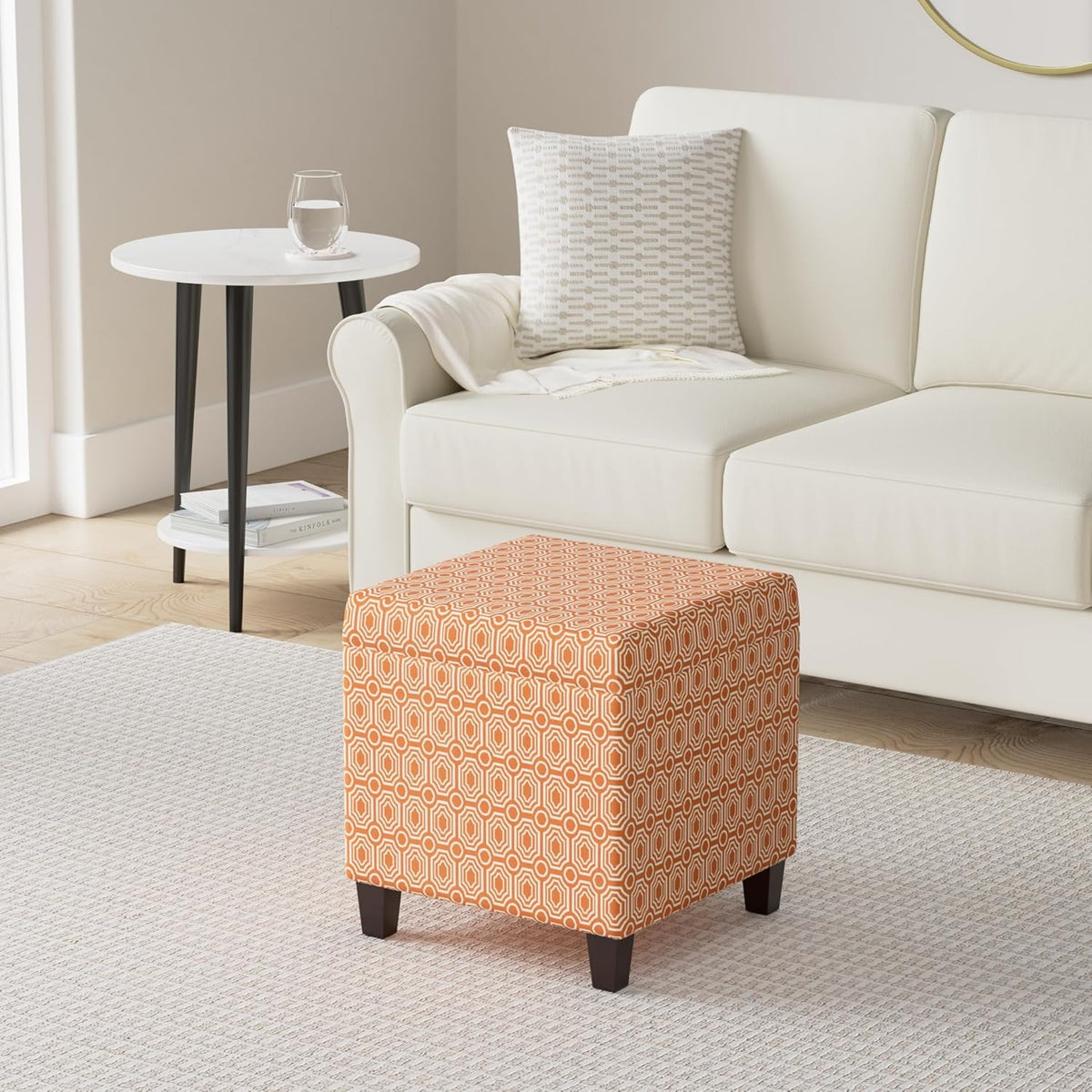 HomePop Upholstered Storage Cube Ottoman with Hinged Lid, Orange Geometric 17" x 17" x 18"