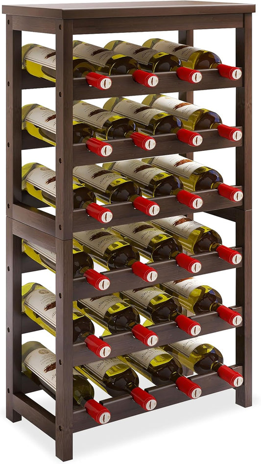 24-Bottle Wine Rack, 6 Tier Bamboo Wine Display Storage Shelves with Tabletop, Floor Freestanding Wine Bottle Holder with Wobble-Free Shelves, Walnut