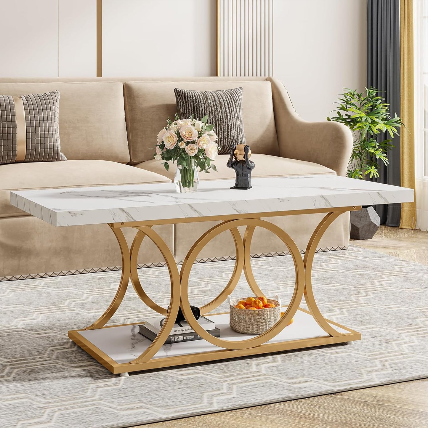 Tribesigns Rectangle Coffee Table, 46.45-inch Modern Coffee Tables for Living Room, 2-Tier Faux Marble Wood Coffee Table with Geometric Legs, Furniture with Storage Shelf (White & Gold)