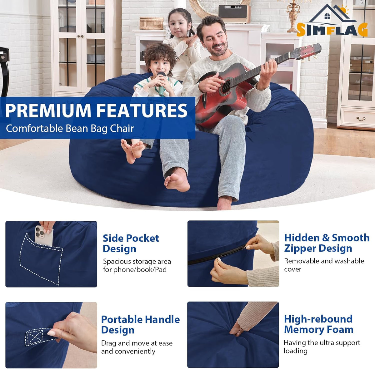 4FT Bean Bag Chair, Large Bean Bag Chairs with Memory Foam Filled, Fluffy Beanbag Sofa with Dutch Velvet Cover, Round BeanBag Chairs for Living Room, Playroom - Blue