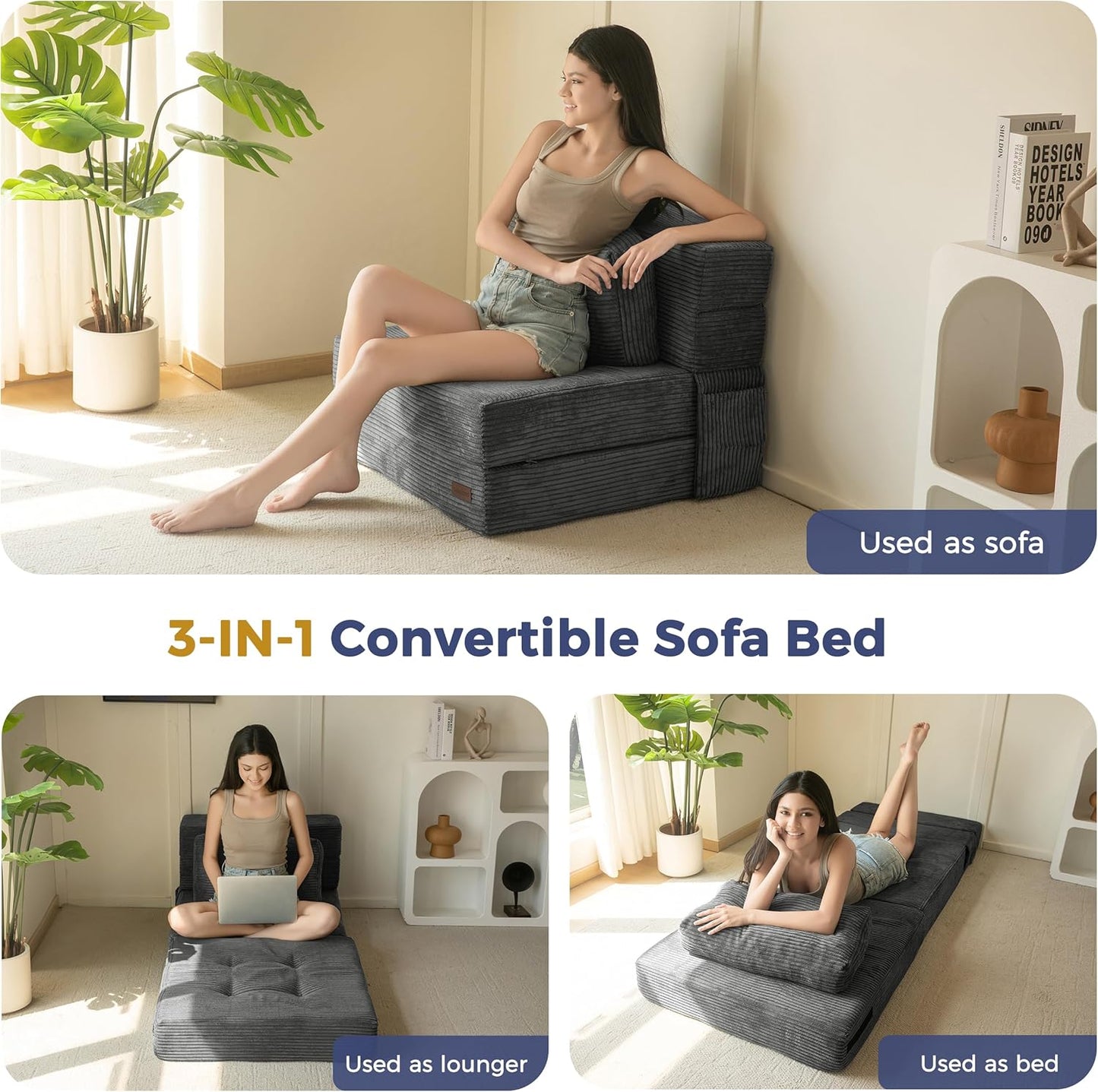 MAXYOYO Convertible Sofa Bed, Fold Out Single Sleeper Sofa with Pillow, 4 in 1 Tufted Folding Couch Bed Foam Floor Couch, Lazy Chair for Living Room Bedroom Guest Room, Dark Grey