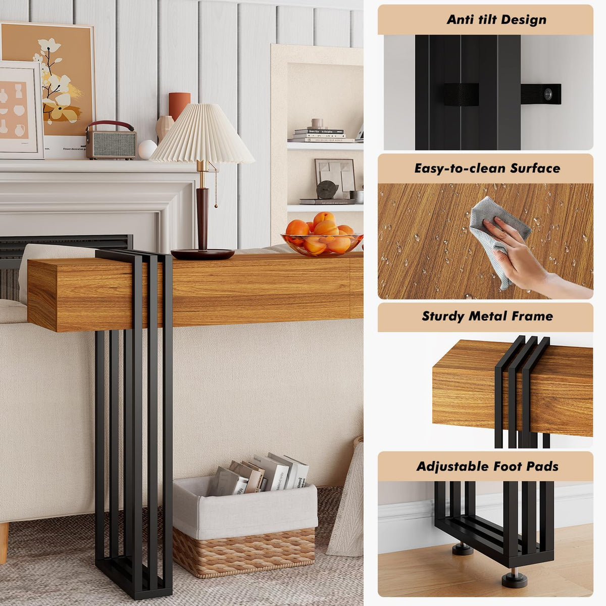 63 Inch Long Console Table, Industrial Sofa Table Behind The Couch Rectangular Entryway Table for Entrance Hallway Living Room, Brown