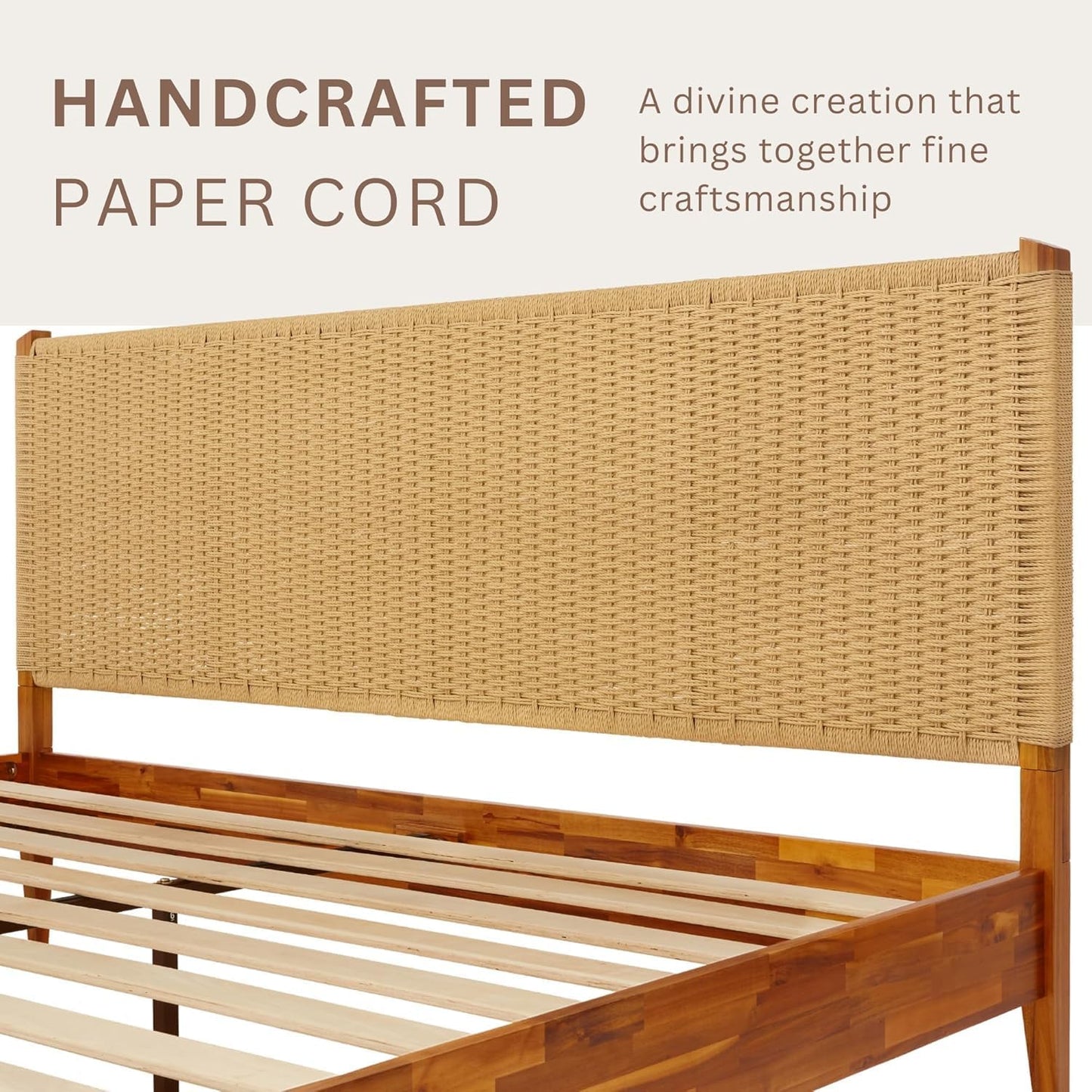 Bme Selina King Bed Frame and Headboard - Handcrafted Paper Cord Headboard, 12-Slat Support, No Box Spring Needed - Easy Assembly, Caramel