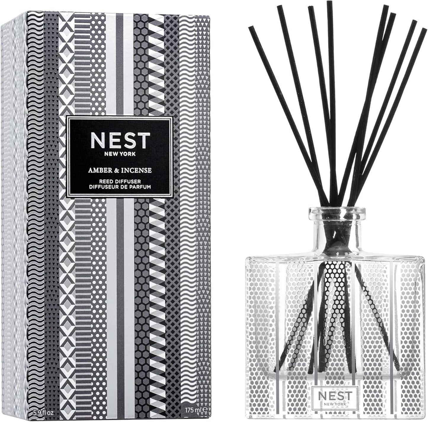 NEST New York Reed Diffuser, Amber & Incense - 5.9 fl oz - Fragrance for Up to 90 Days - Reusable, Refillable Glass Holder - Includes 8 All-Natural Reed Sticks - Flame Free