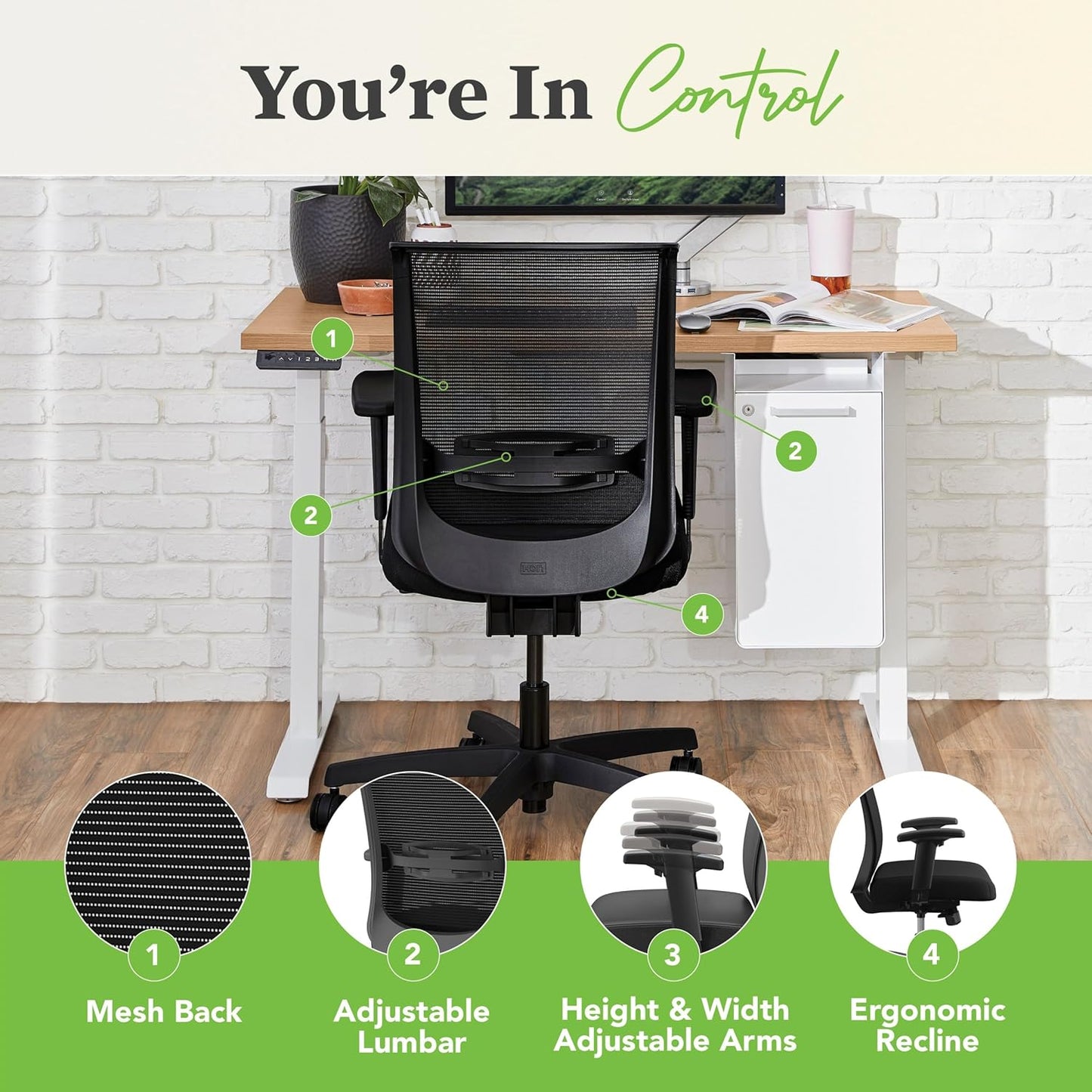 HON Convergence Ergonomic Office Chair, Breathable Back Support Mesh, Adjustable Arms, Computer Chair with Lumbar Support, Rolling Swivel Wheels, Comfortable Synchro-Tilt Recline, Fabric, Indigo