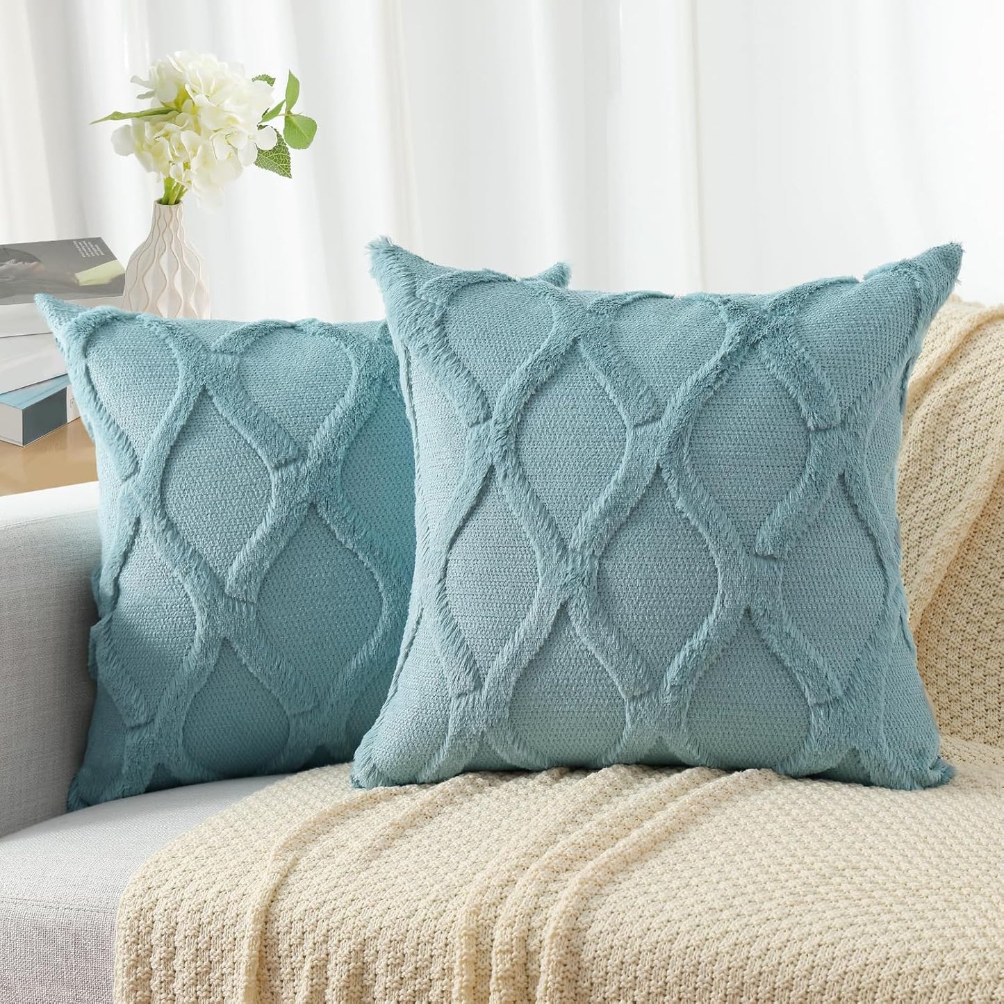 decorUhome Throw Pillow Covers 24x24 Inch Set of 2, Soft Plush Faux Fur Wool Aqua Couch Pillow Covers, Decorative Neutral Pillow Cases for Bed Sofa Living Room Home Decor