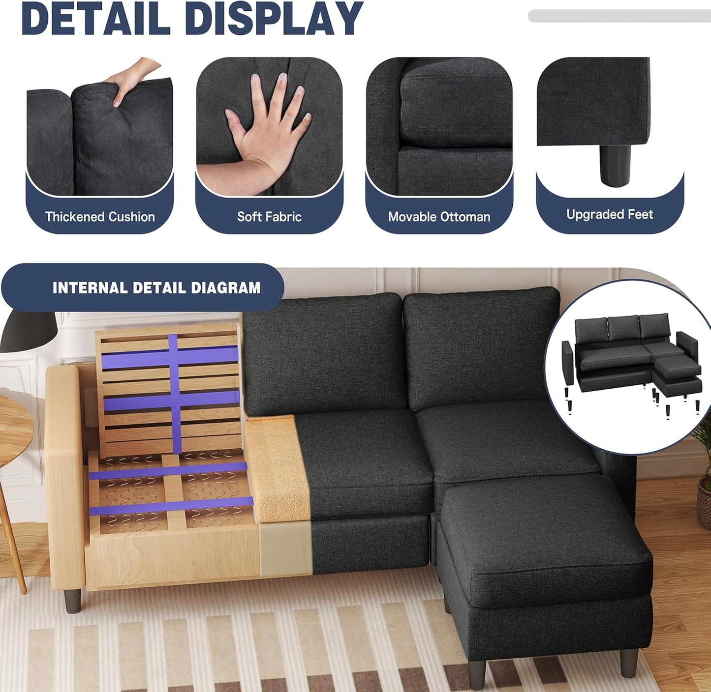 Small Sectional Sofa Couch, 3 Seat L Shaped Couches with Ottoman, Upholstered Fabric Convertible Sofa, Small Couch for Apartments, Living Room and Office (Black)