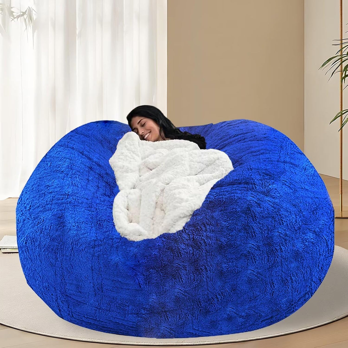 BCU 6FT Bean Bag Chair for Adults and Kids Without Filler Giant Stuffed Animal Storage Cover Soft Faux Fur Floor Chair Cover for Bedroom Living Room, Royal Blue